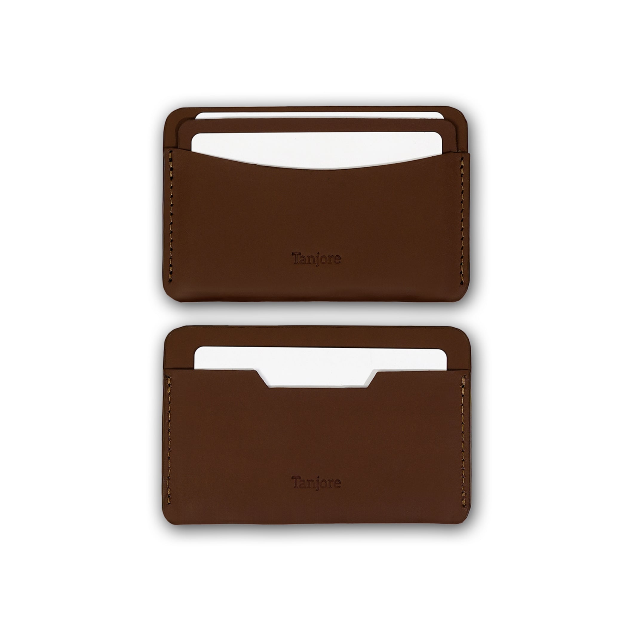 Two Tanjore wallets in Brown shown with credit cards inserted, highlighting the precision stitching and accessible slots.