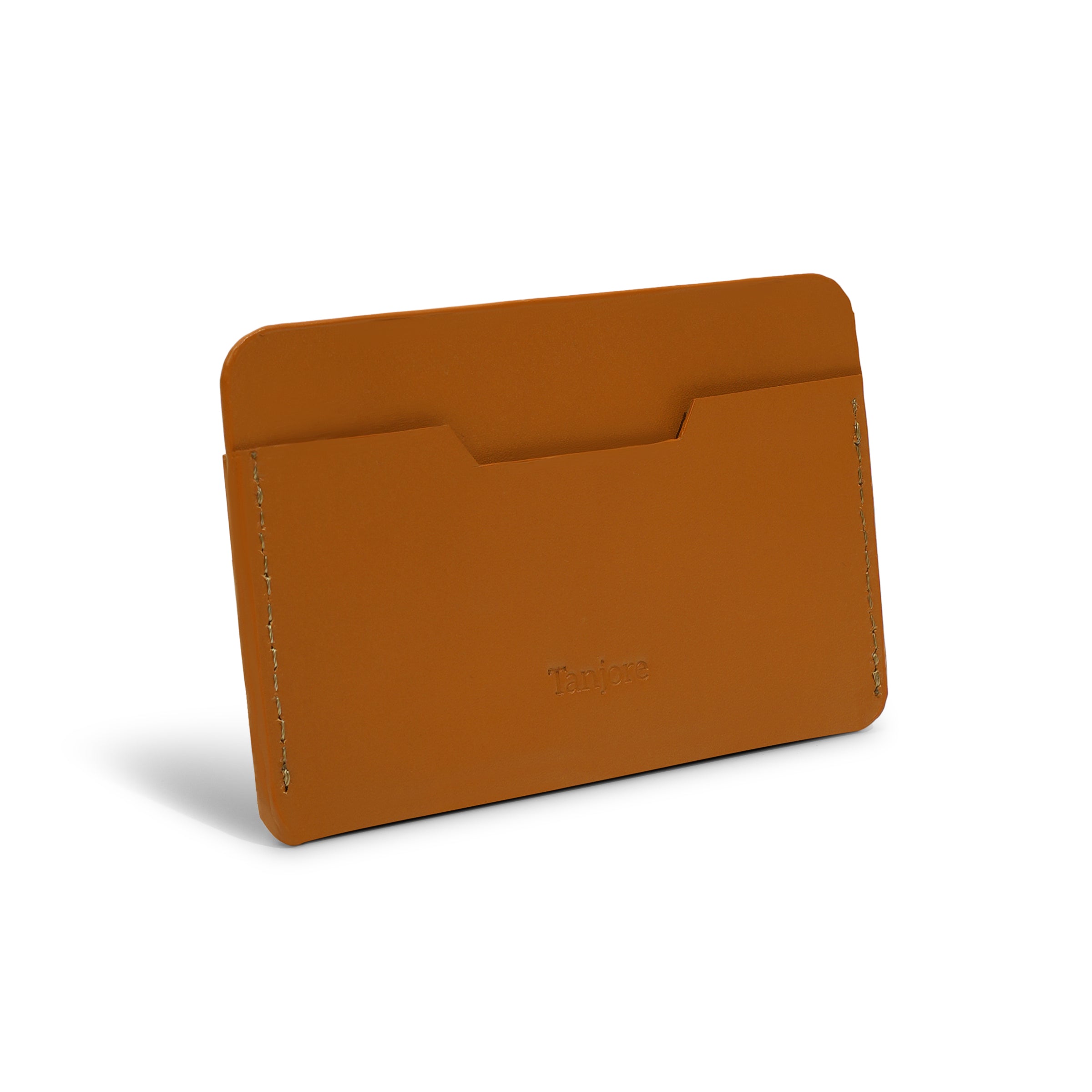 Rear view of the Tan leather card sleeve. The smooth Full Grain Nappa Leather construction ensures durability and a slim profile.