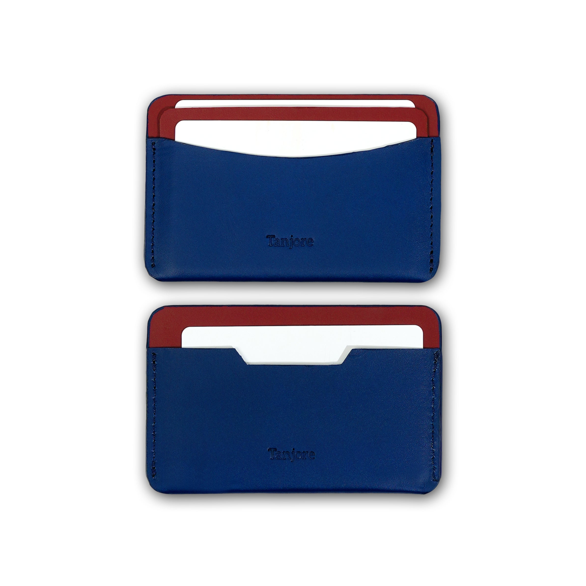 Two Tanjore wallets shown with cards inserted in the slots. The Full Grain Nappa Leather allows for easy card access while maintaining a secure fit. Includes 3 year warranty.