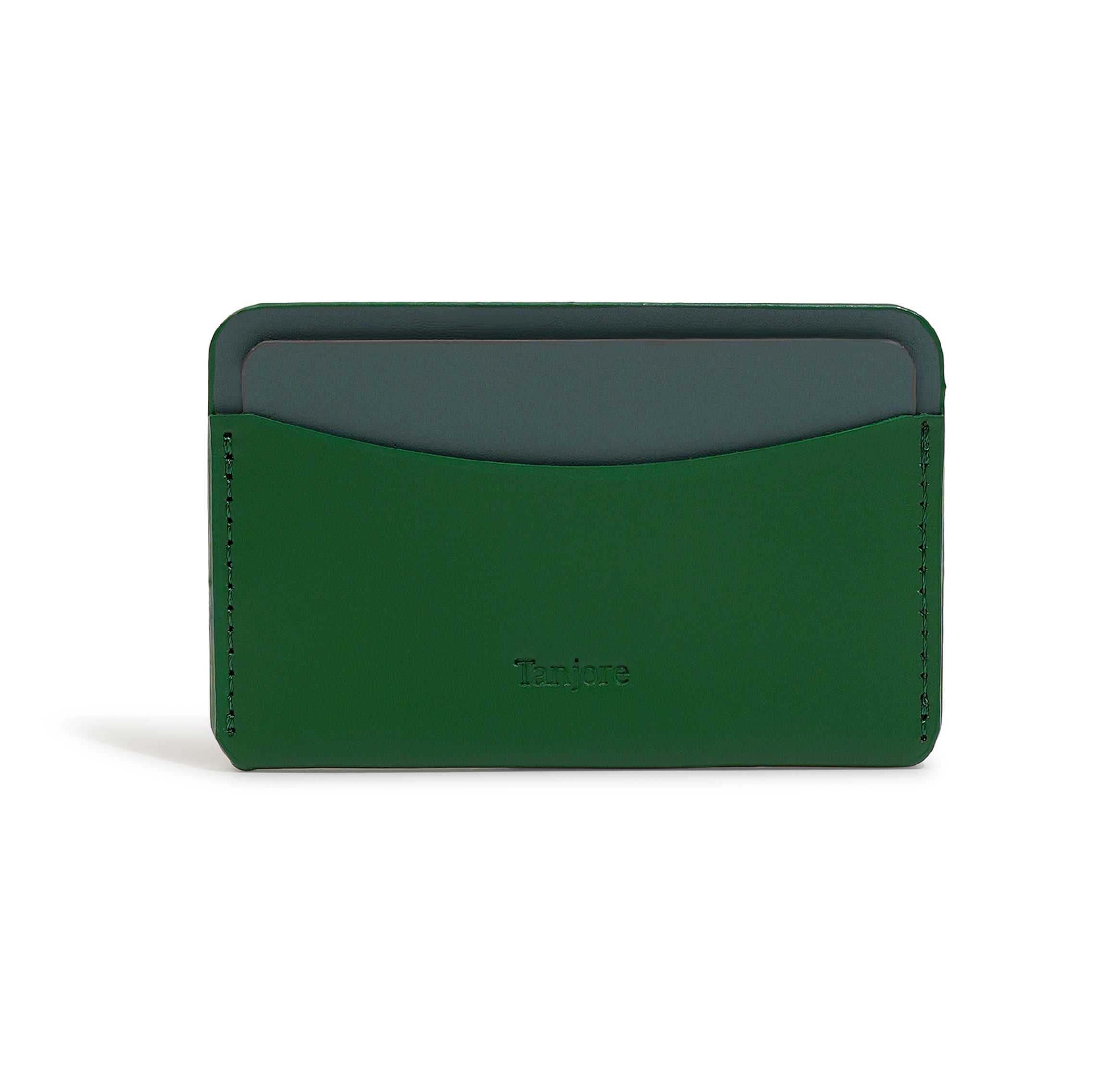 Front view of the Tanjore cardholder in Green and Gray. Minimalist design crafted from Full Grain Nappa Leather with a 3 year warranty.