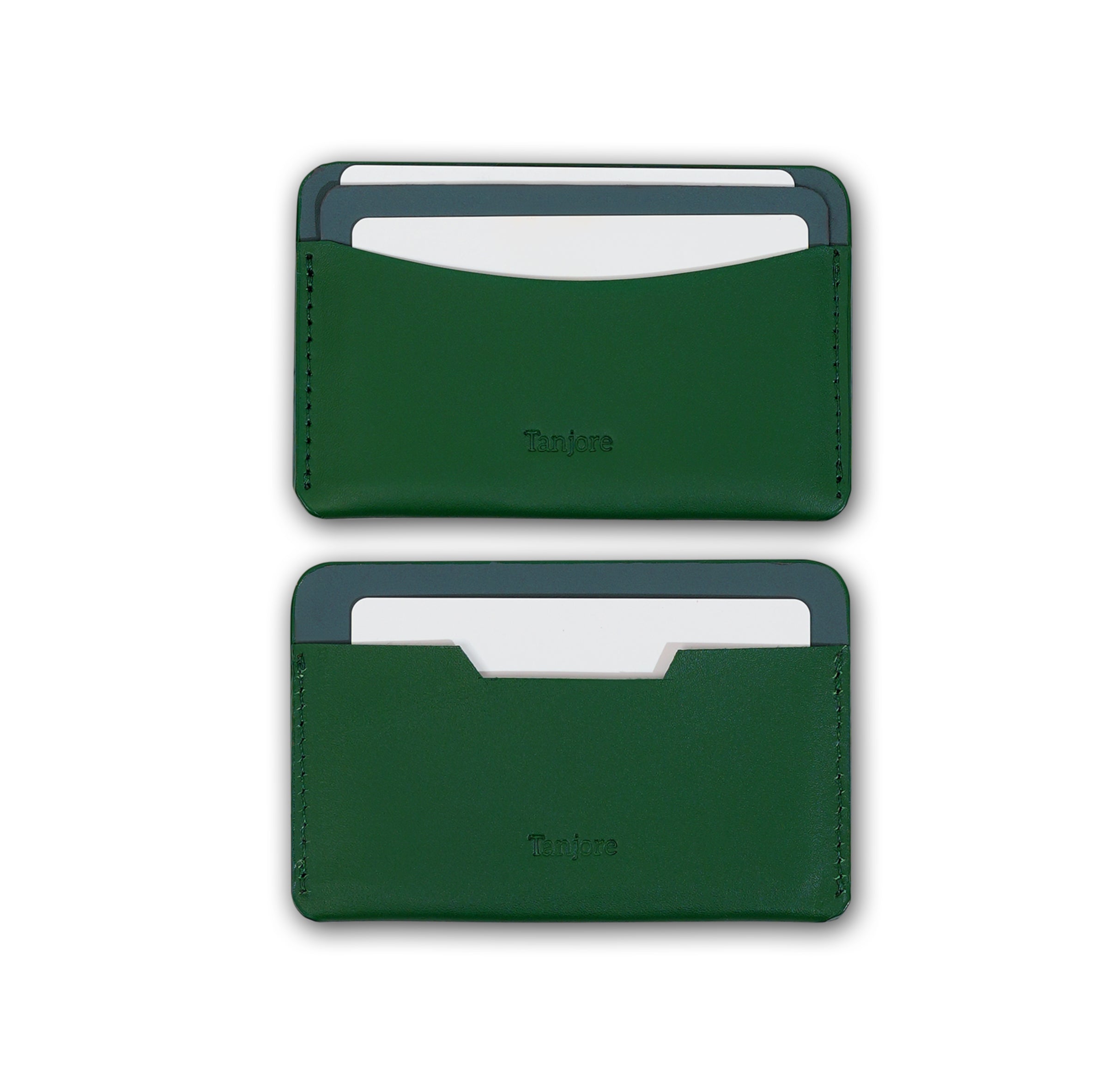 Two Tanjore wallets in Green and Gray displayed with cards inserted to show slot functionality. Made from Full Grain Nappa Leather with a 3 year warranty.