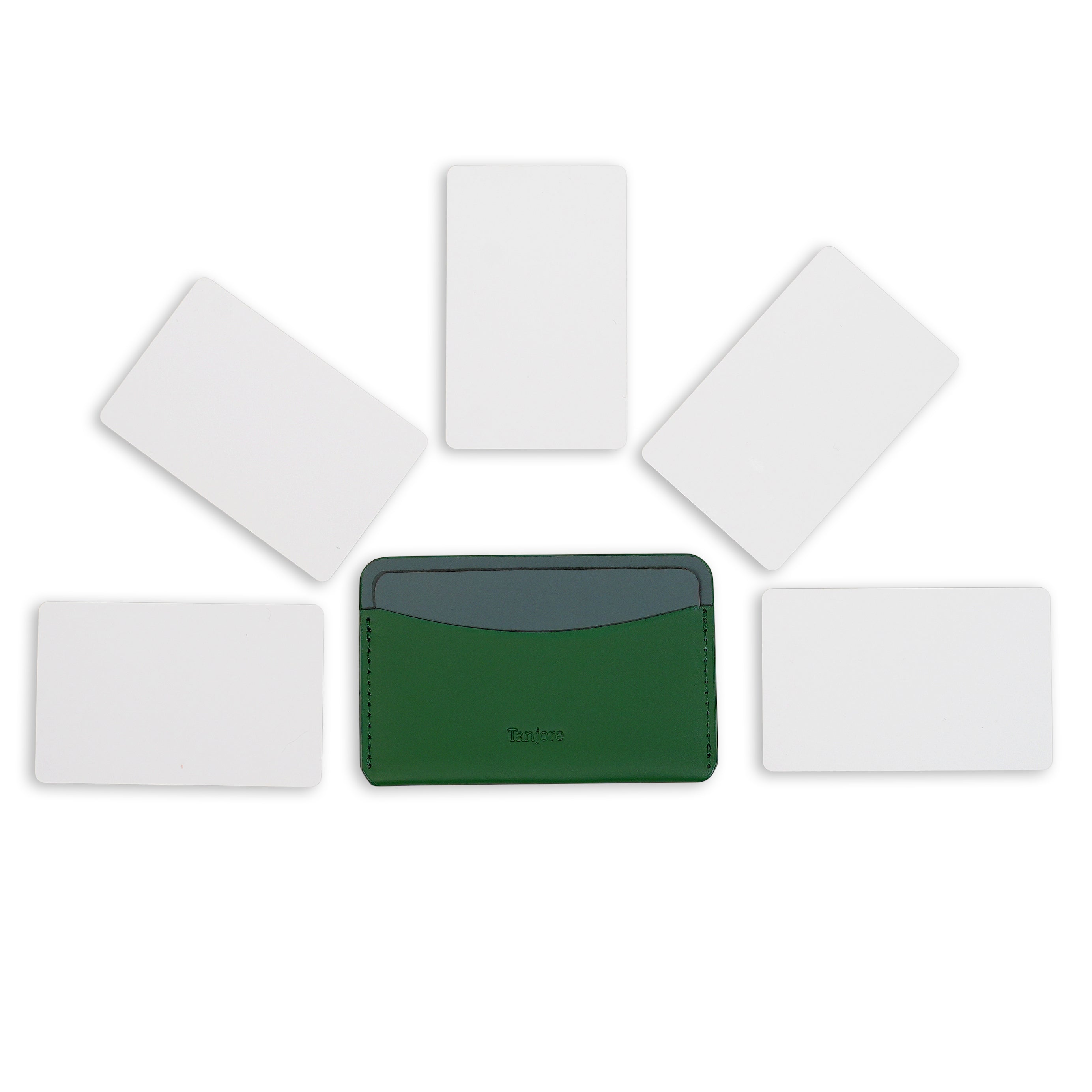 Overhead view of the Green and Gray Tanjore wallet surrounded by five cards, demonstrating storage capacity. Compact Full Grain Nappa Leather design.