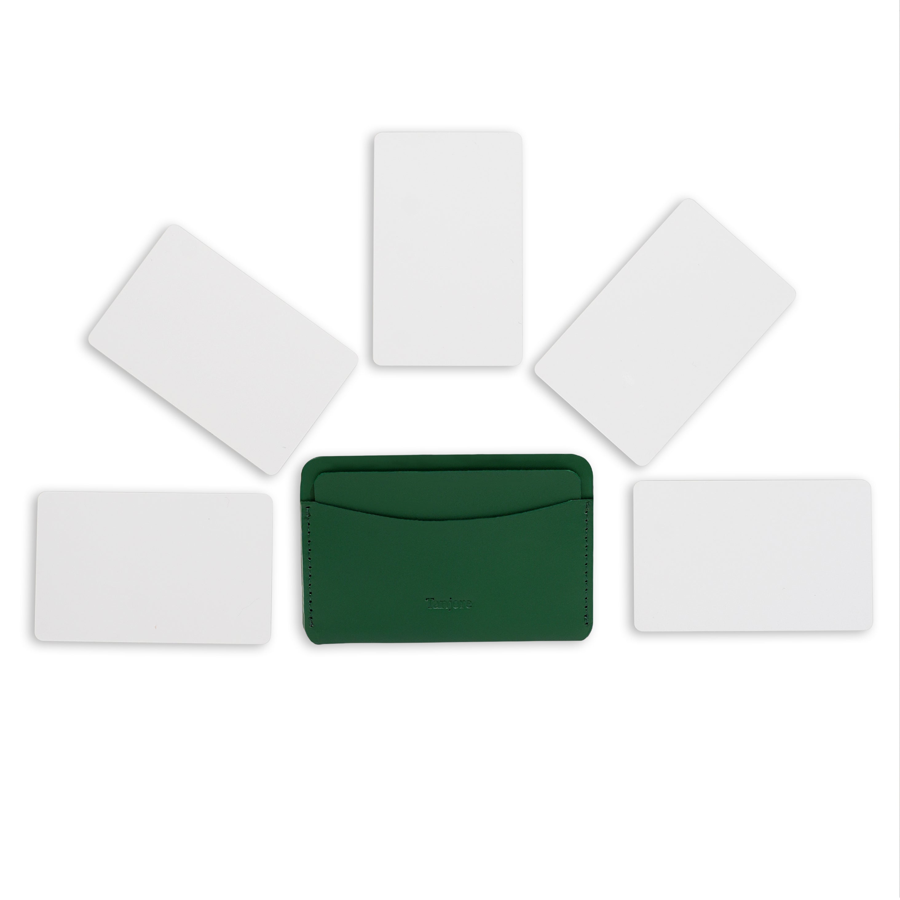 Overhead view of the Olive Green Tanjore cardholder surrounded by five cards to demonstrate daily carry storage capacity. Made from durable Full Grain Nappa Leather.