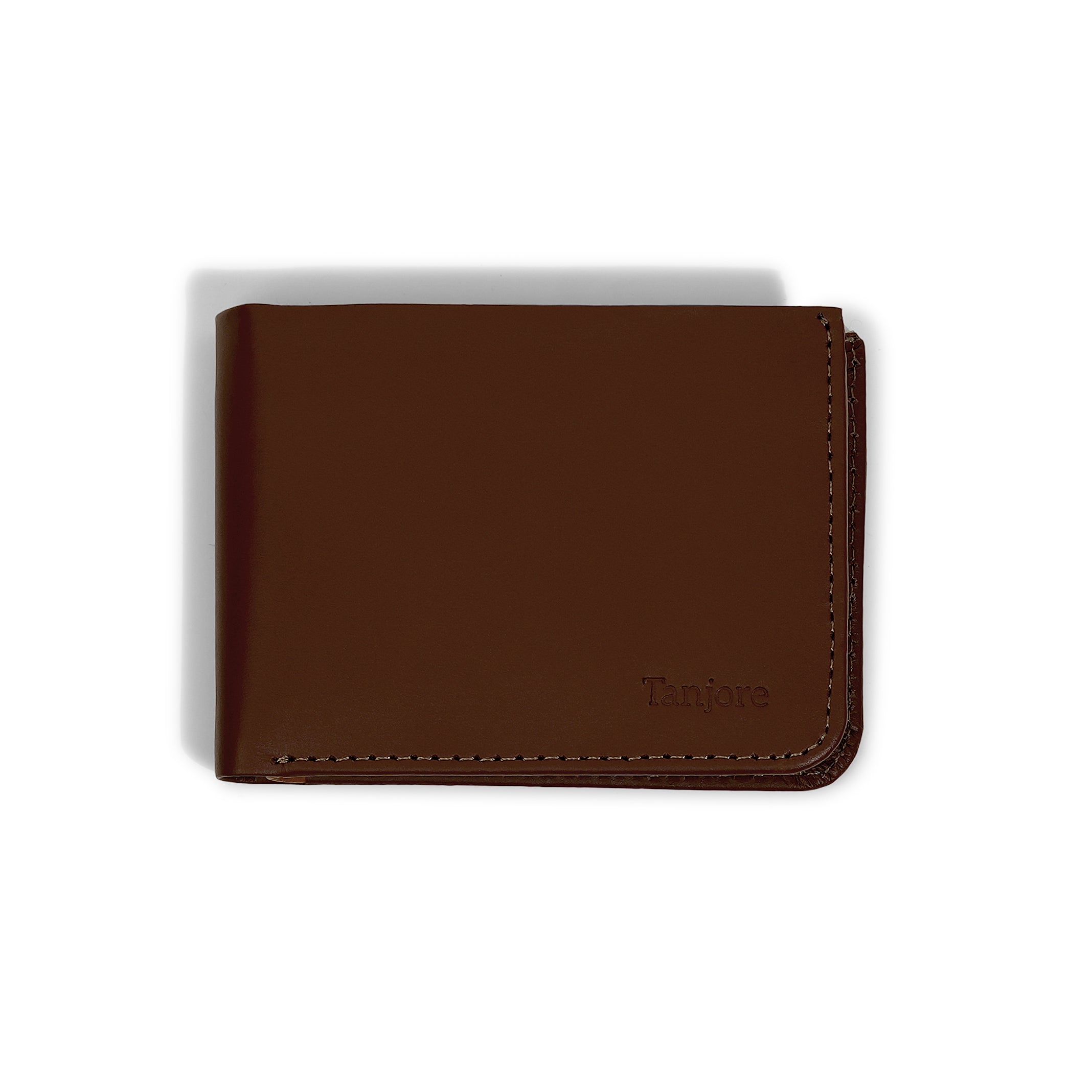 Front view of the Tanjore Modern Classic 2.0 in Brown. A Slim Profile bifold wallet crafted from Full Grain Nappa Leather with RFID protection.