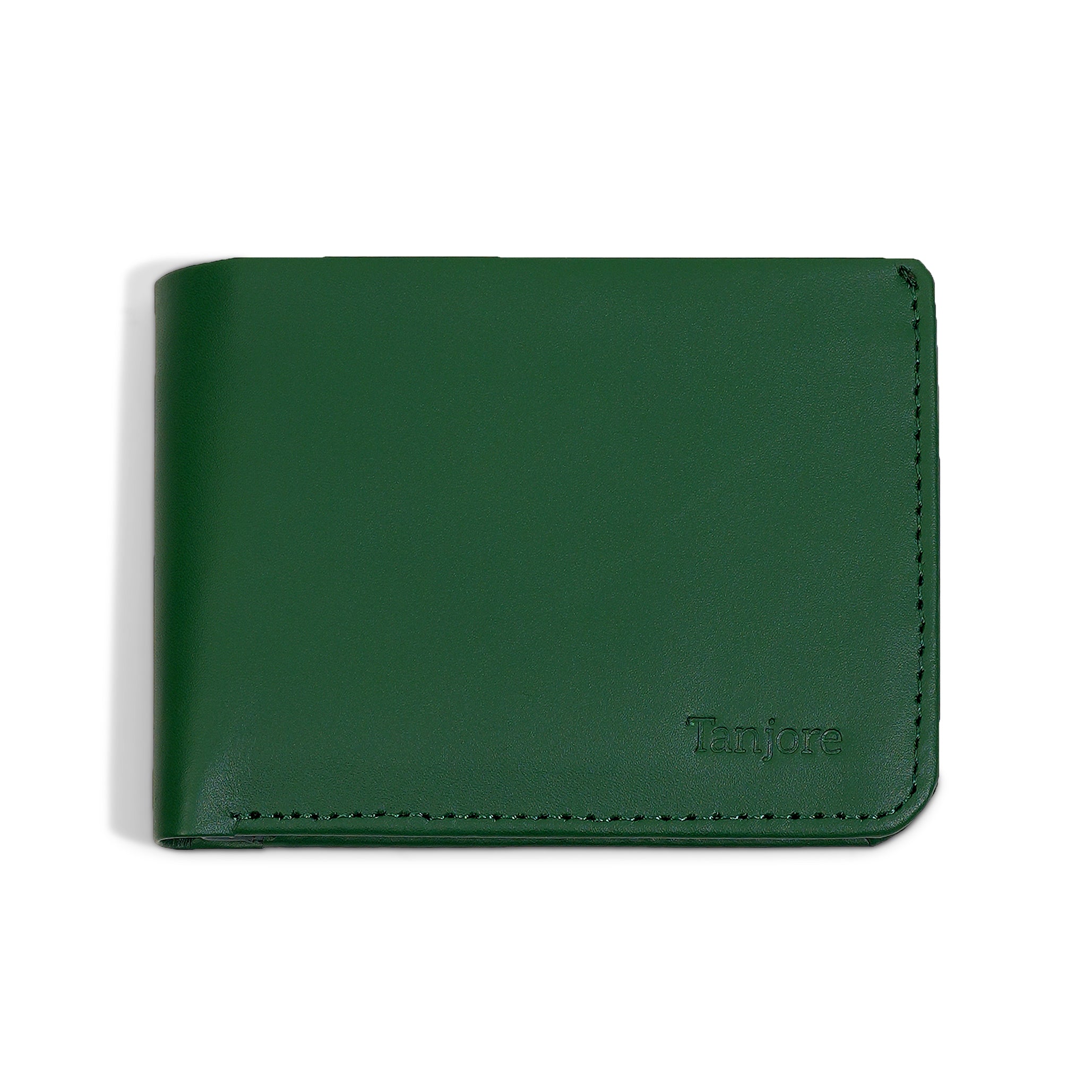 Front view of the Tanjore Modern Classic 2.0 in Green. A Slim Profile bifold wallet crafted from Full Grain Nappa Leather with RFID protection.