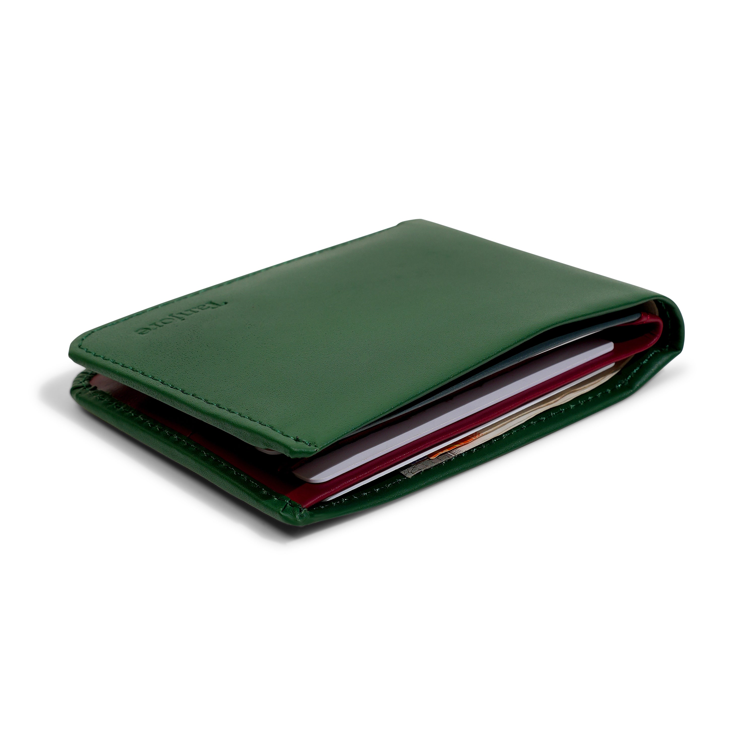 Side profile of the Green and Plum Modern Classic 2.0 holding cash and cards. Engineered to remain a Slim Profile bifold while offering full RFID protection.