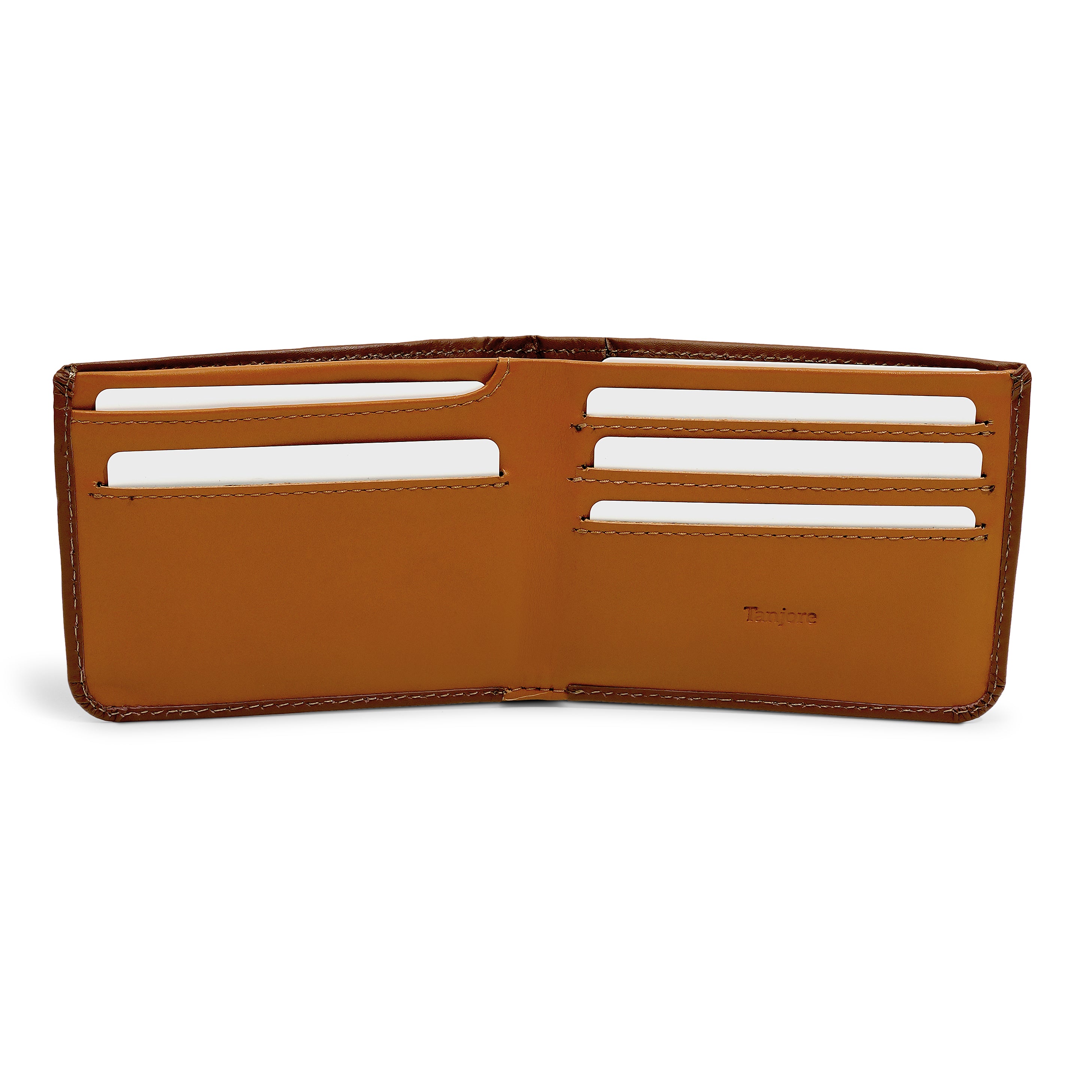 Interior open view of the Modern Classic 2.0 wallet featuring Tan card slots against a dark Brown exterior. Features RFID blocking technology and Full Grain Nappa Leather.