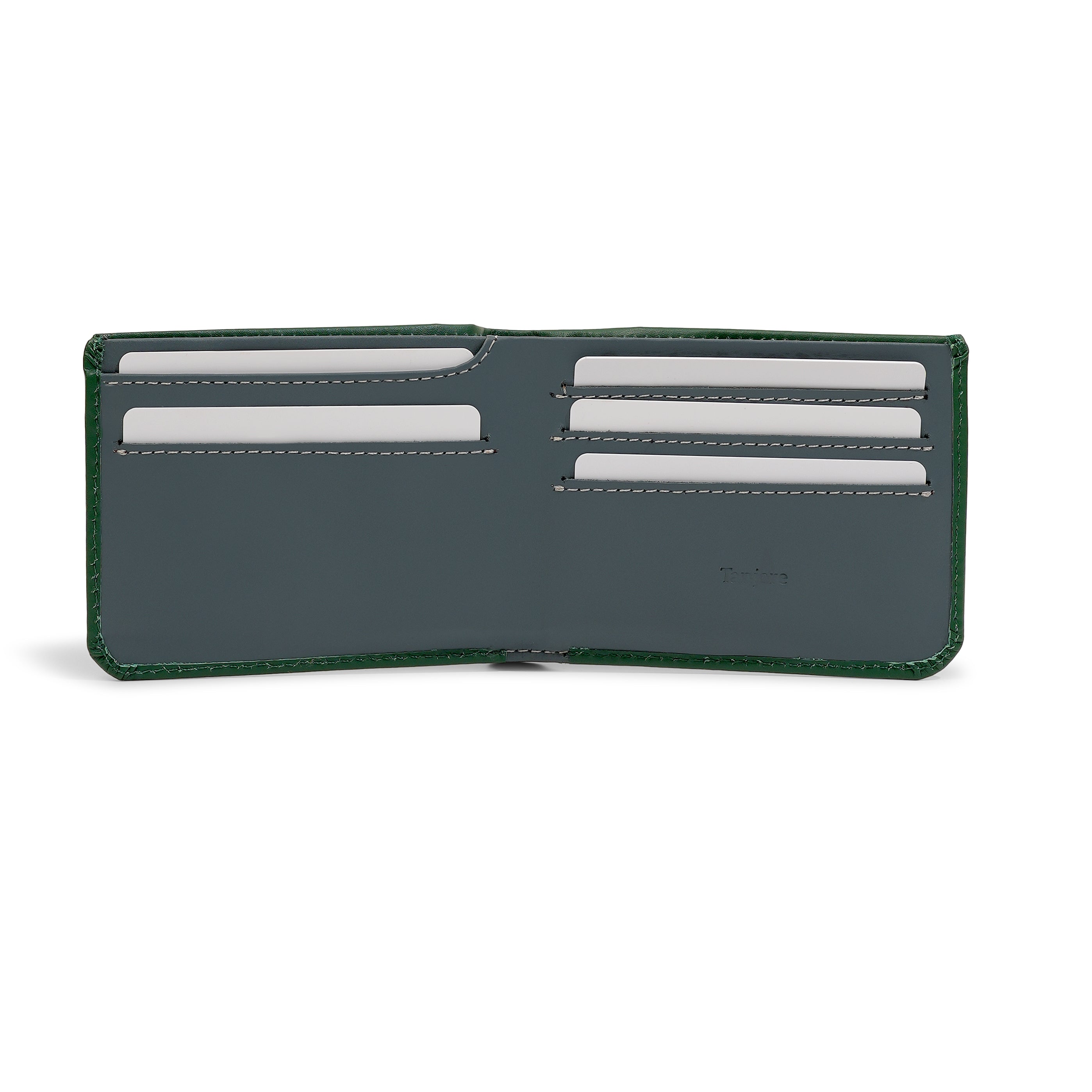 Interior open view of the Tanjore Modern Classic 2.0 wallet showing the Grey card slots against Green edging. Features a Slim Profile and RFID blocking technology.