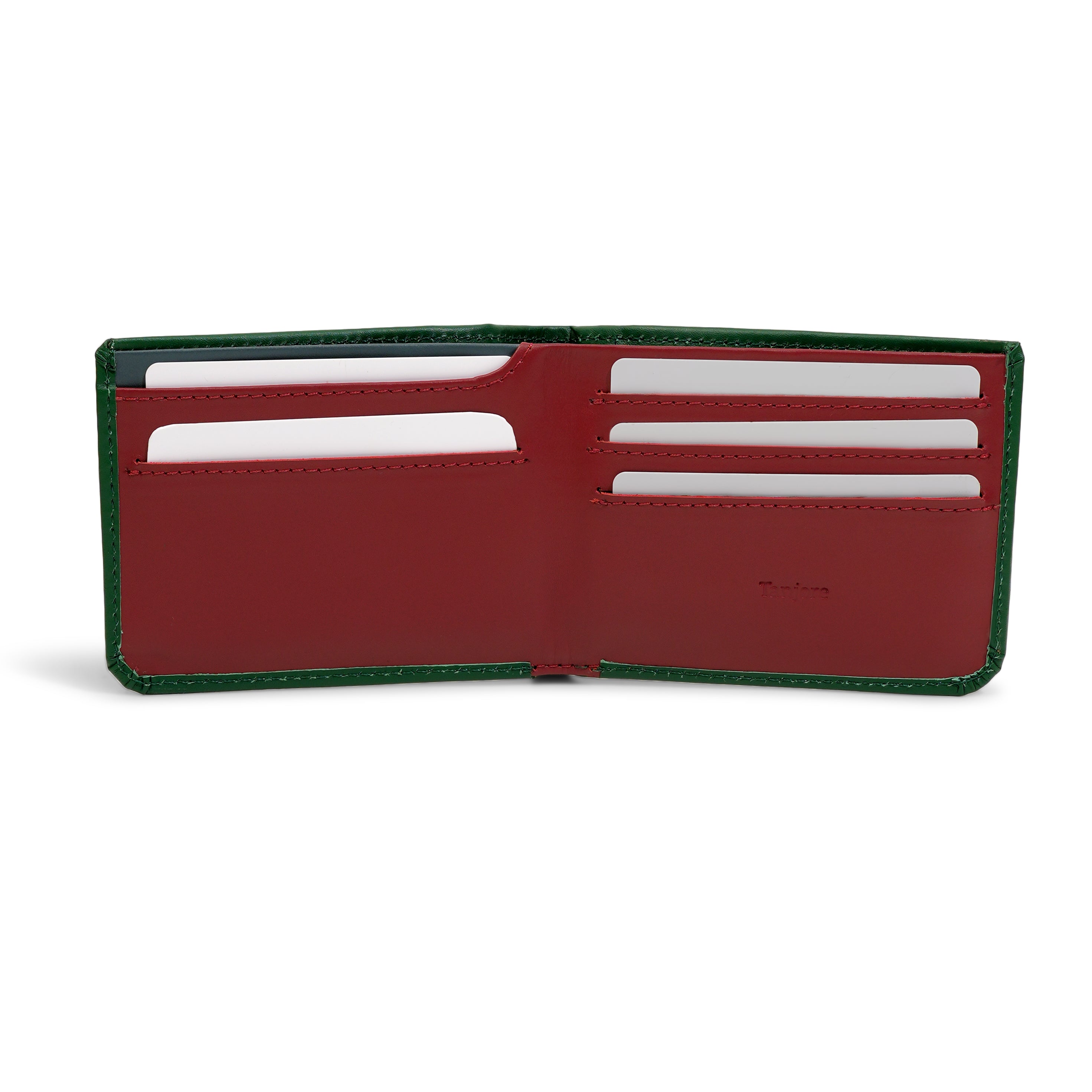 Interior open view of the Modern Classic 2.0 showing the striking Plum card slots against a Green exterior. Features RFID blocking technology and Full Grain Nappa Leather.