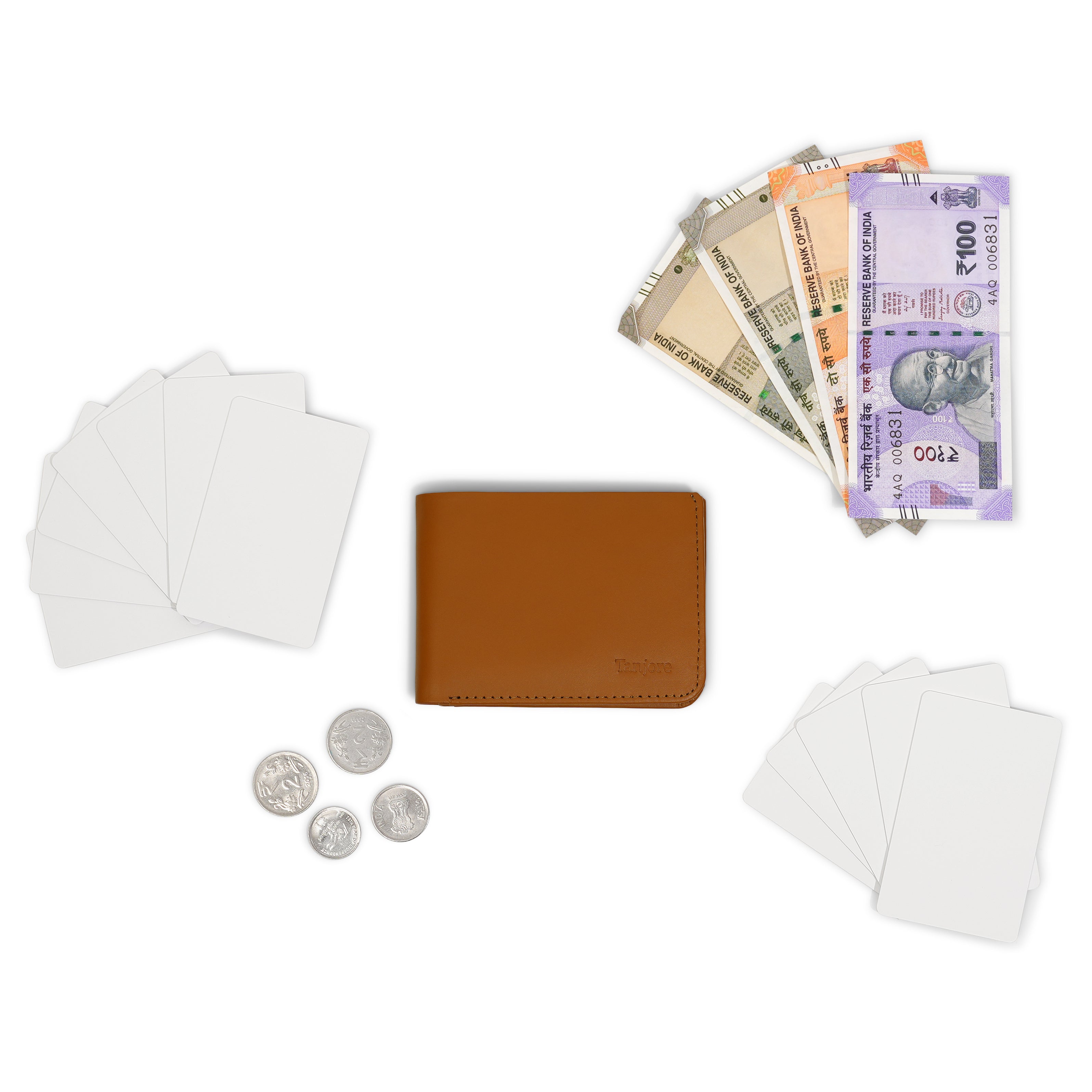The Tanjore Modern Classic 2.0 in Tan displayed with Indian currency and cards. A spacious yet Slim Profile wallet with RFID security made from Full Grain Nappa Leather.