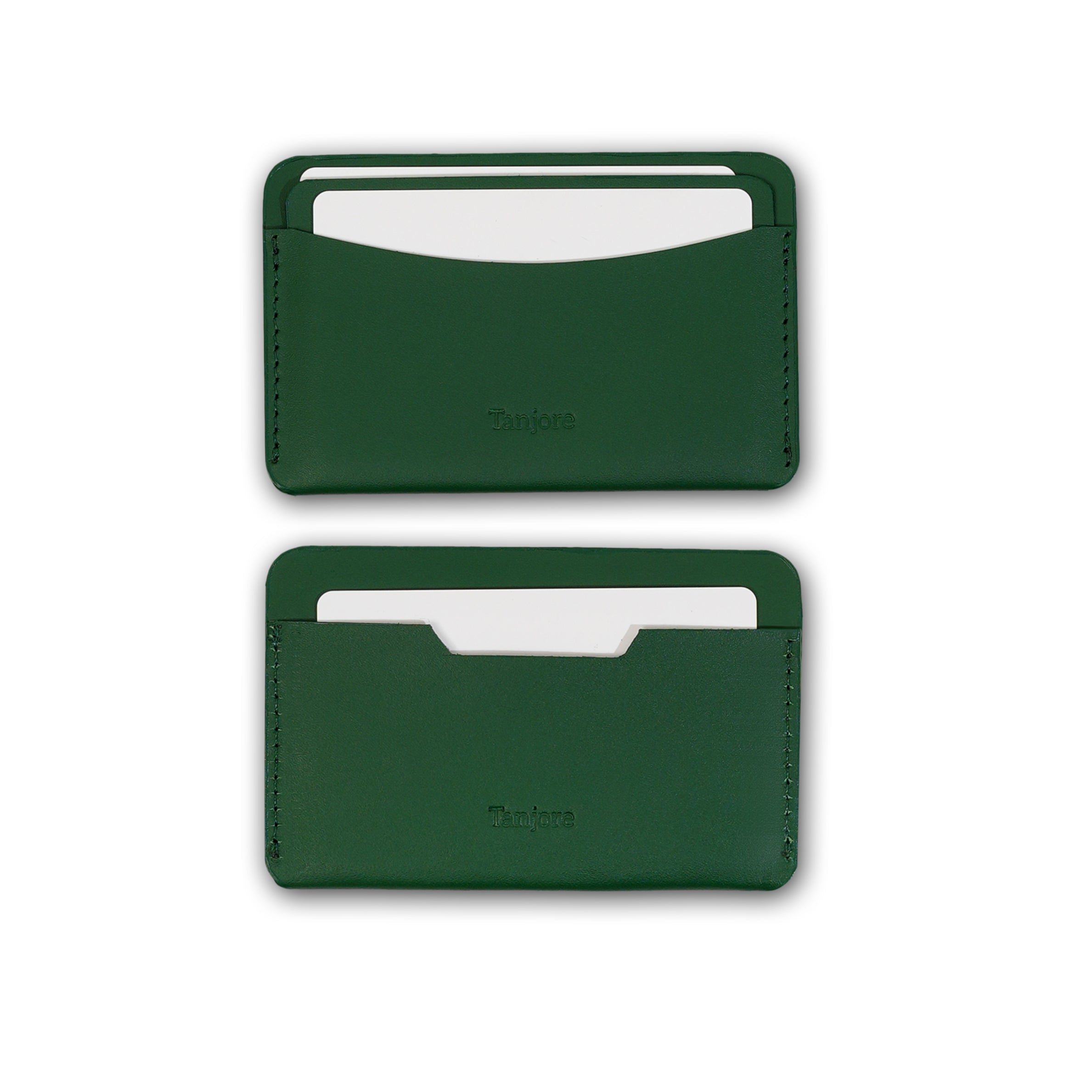 Two Tanjore wallets in Olive Green shown with credit cards inserted, highlighting the functional card slots made from soft Full Grain Nappa Leather.