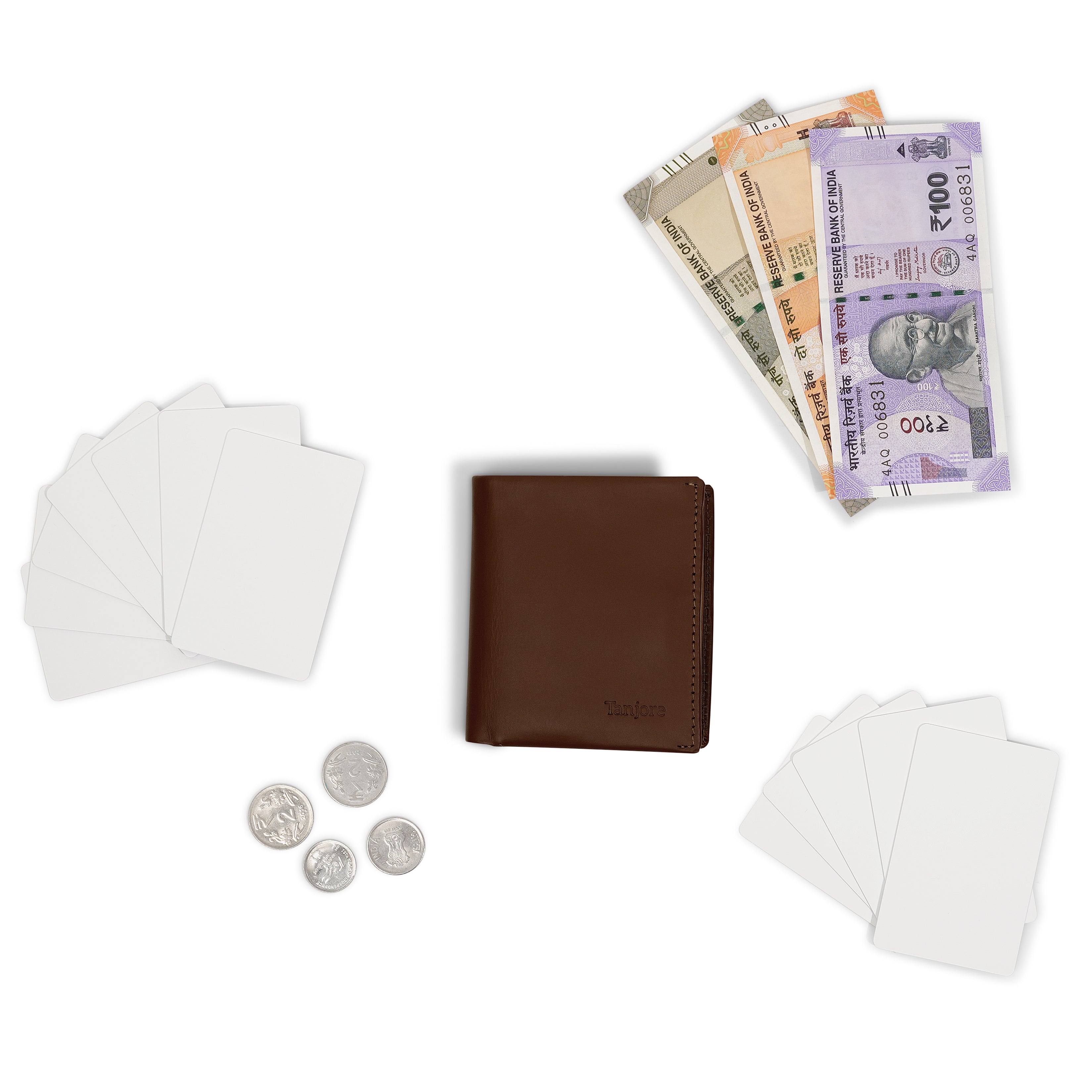 Flatlay of the Tanjore Reserve Sleeve in Brown displayed with Indian currency. A compact wallet with Pull Tab functionality and RFID security.