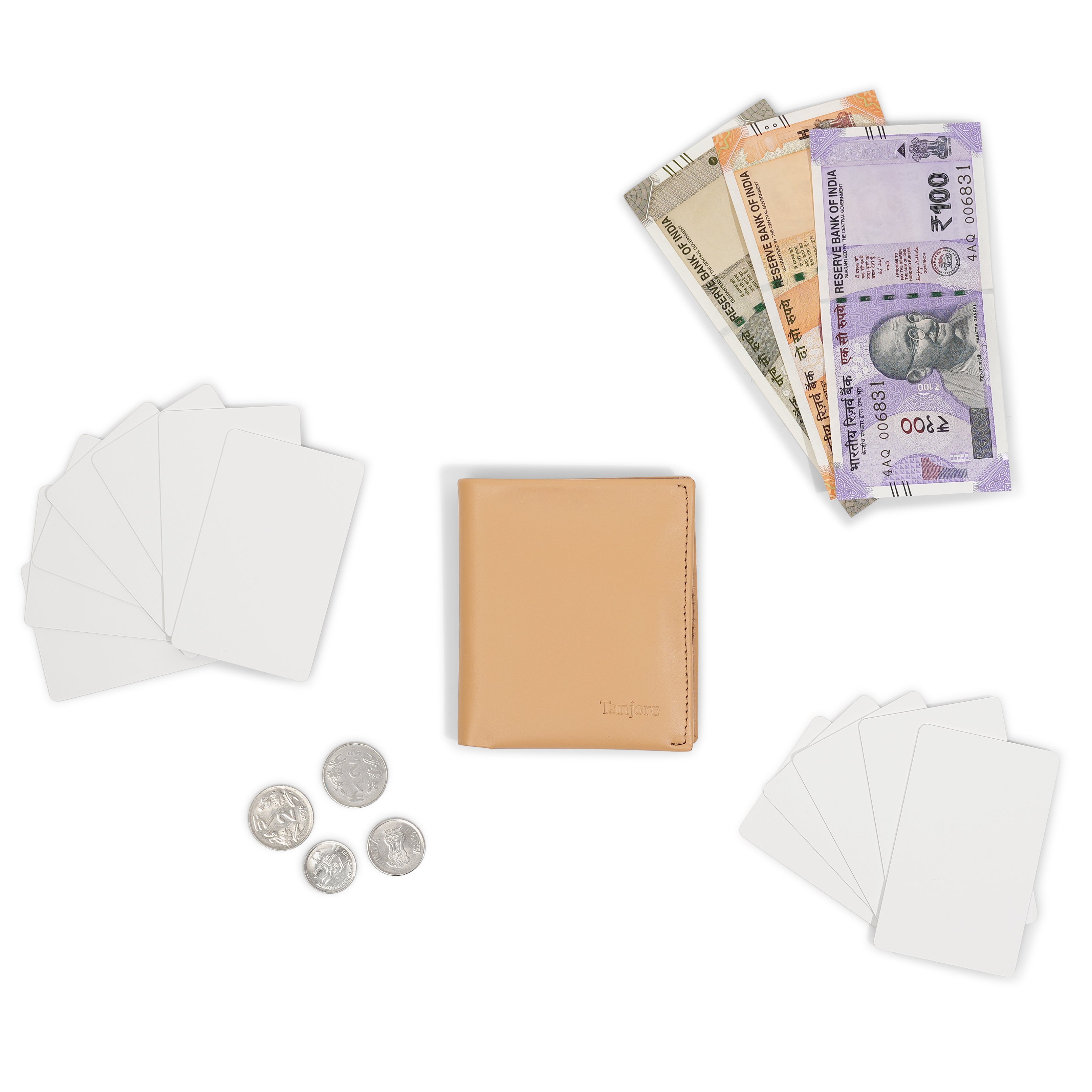 Flatlay of the Tanjore Reserve Sleeve in Clay displayed with Indian currency. A compact wallet with Pull Tab functionality and RFID security made from Full Grain Nappa Leather.