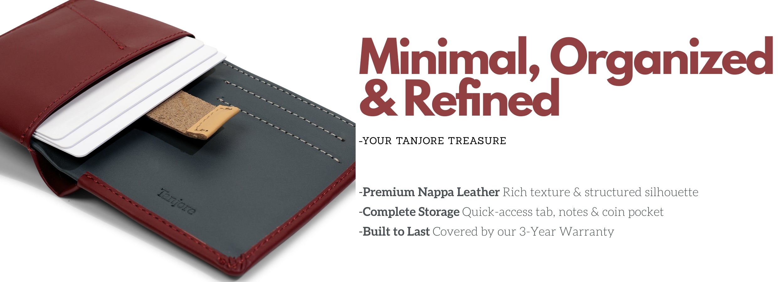Banner ad for the Tanjore Reserve Sleeve. Text reads: "Minimal, Organized & Refined." Features highlighted: Premium Nappa Leather texture, Complete Storage with Pull Tab and coin pocket, and 3-Year Warranty.