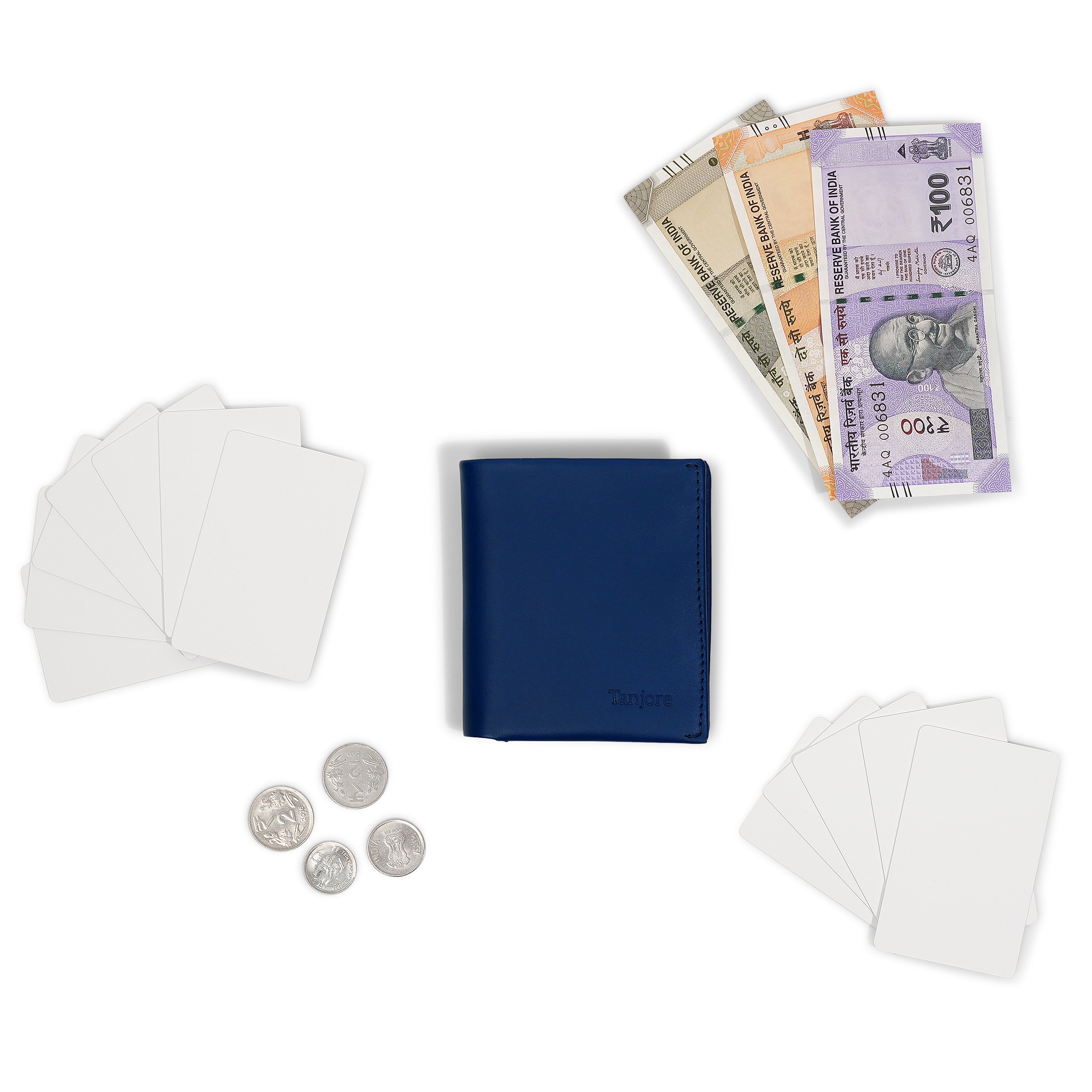 Flatlay of the Tanjore Reserve Sleeve in Navy displayed with Indian currency. A compact wallet with Pull Tab functionality and RFID security.