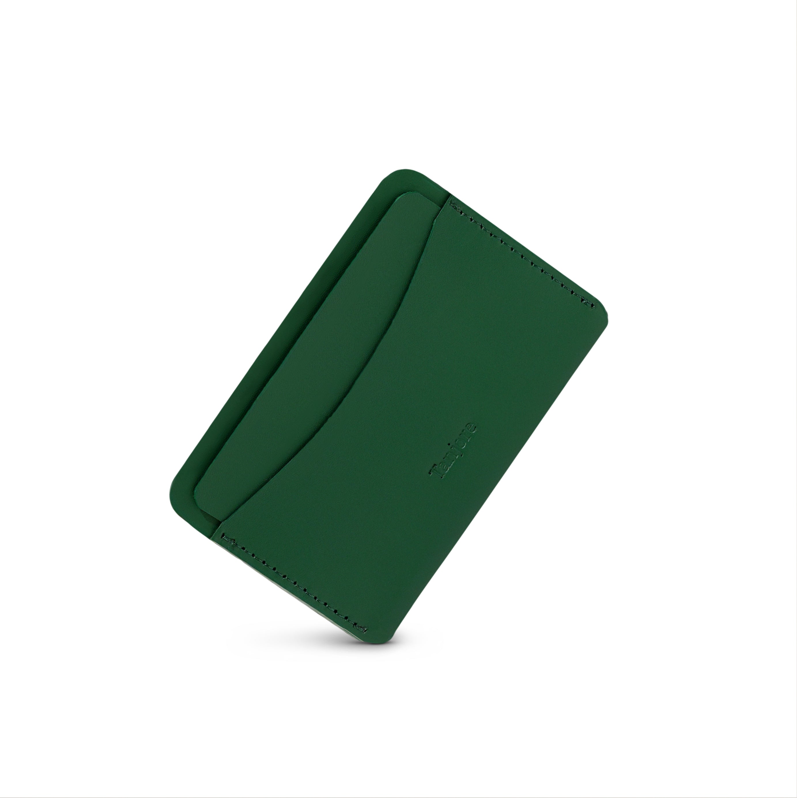 Angled shot of the ultra-slim Tanjore cardholder in Olive Green. The rich Full Grain Nappa Leather texture is backed by a 3 year warranty.