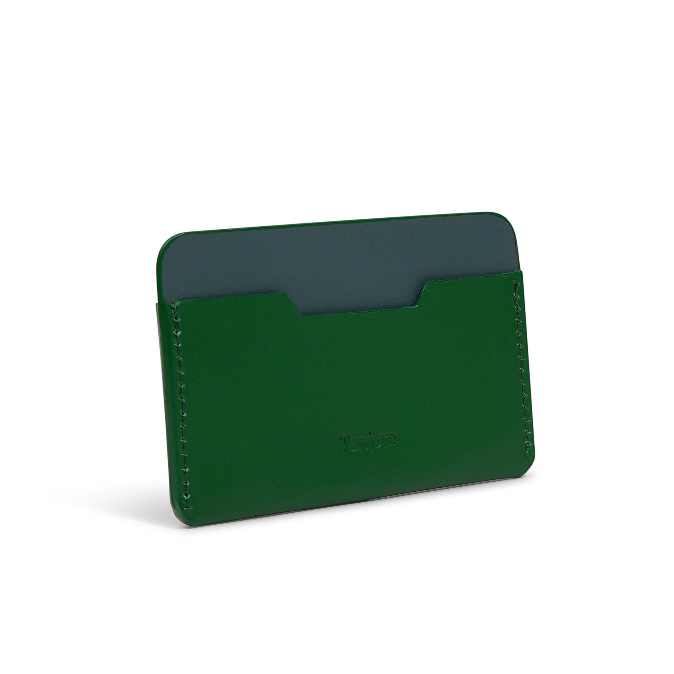 Rear view of the Tanjore card sleeve showcasing the Gray leather backing against the Green front. Durable Full Grain Nappa Leather construction.