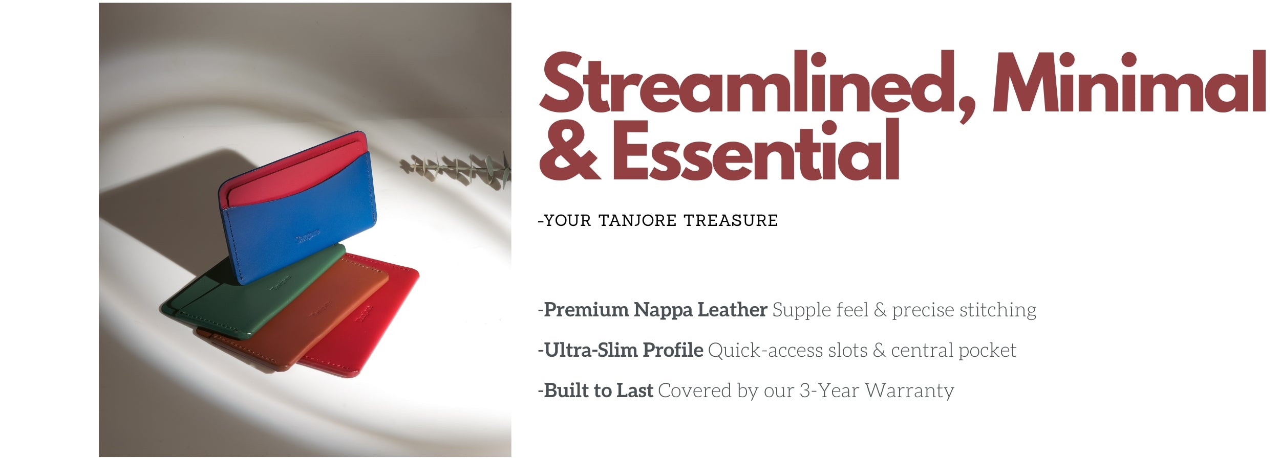 Marketing banner for the Tanjore Essential Card Case. Text reads: "Streamlined, Minimal & Essential." Features listed: Premium Nappa Leather, Ultra-Slim Profile, and Built to Last with a 3-Year Warranty.
