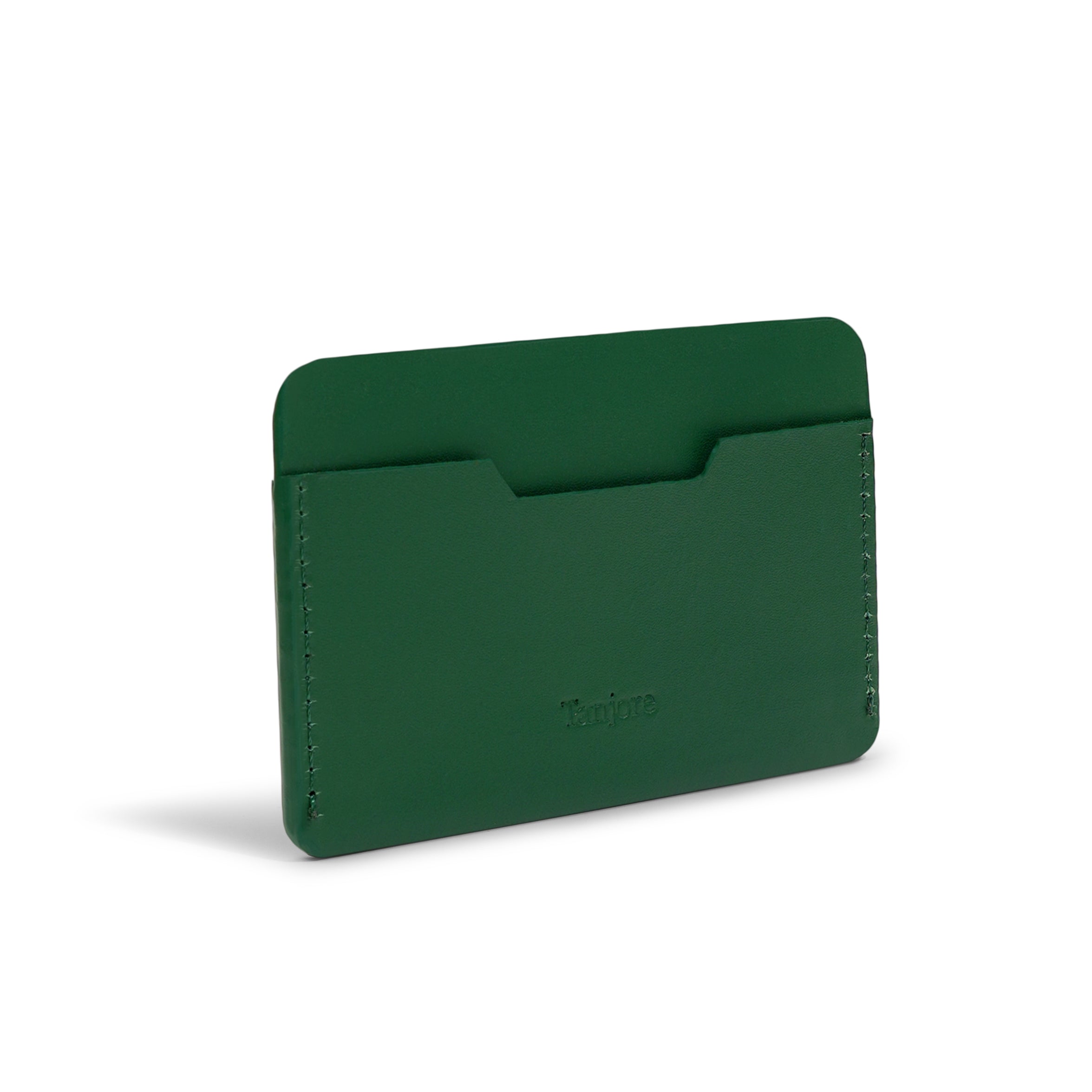 Rear view of the Olive Green leather card sleeve. The smooth Full Grain Nappa Leather construction offers a durable, slim design.