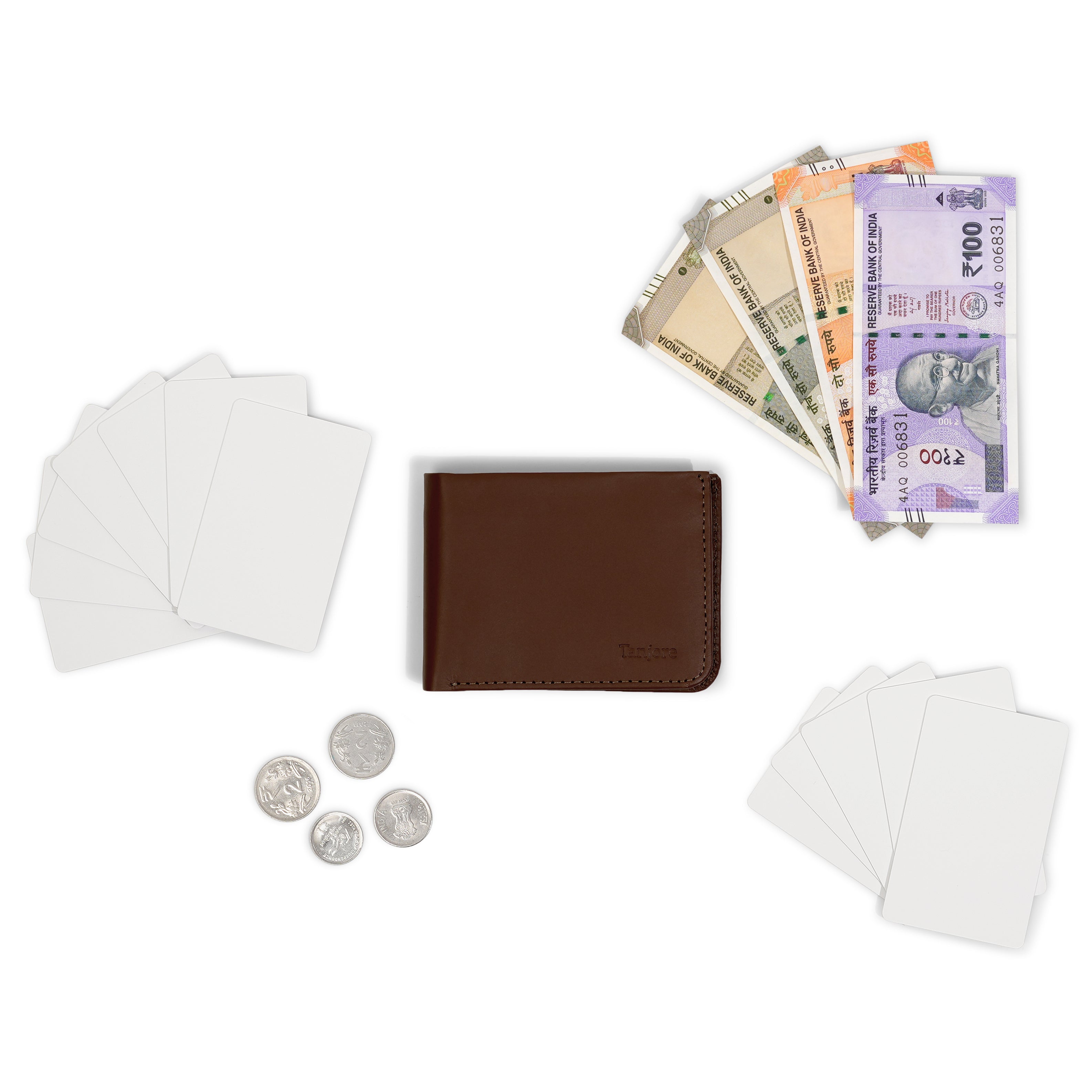 The Tanjore Modern Classic 2.0 in Brown displayed with Indian currency. A spacious yet Slim Profile wallet with RFID security made from Full Grain Nappa Leather.