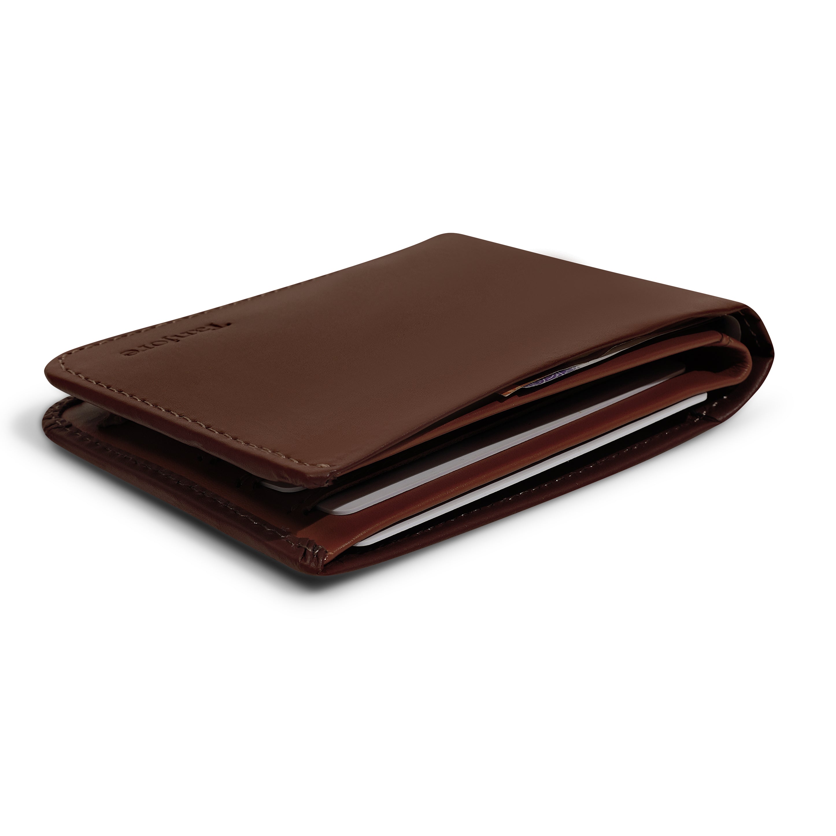 Side profile of the Brown Modern Classic 2.0 holding cash and cards. Engineered to remain a Slim Profile bifold while offering full RFID protection.