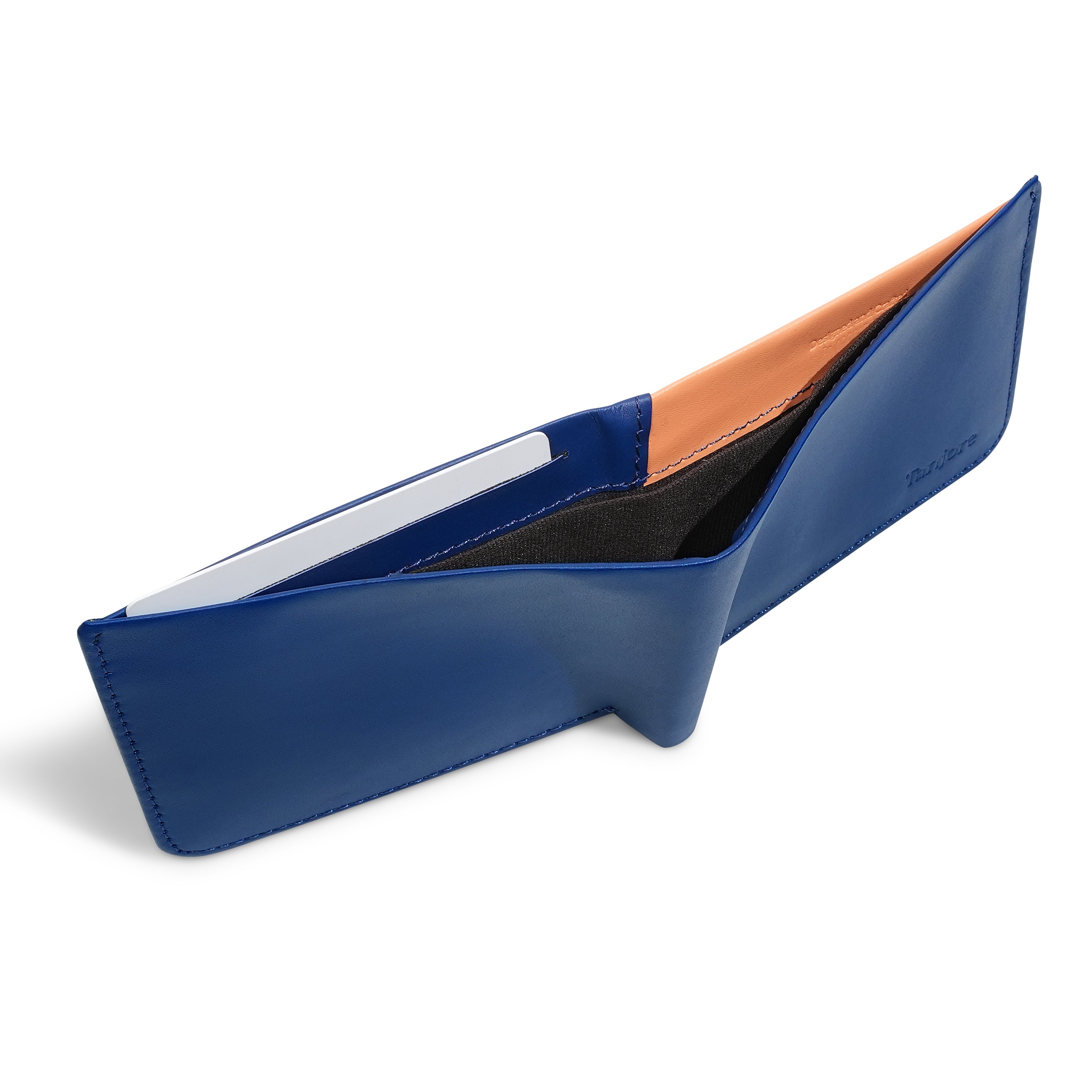 Top-down view of the Modern Classic 2.0 in Navy, revealing the spacious cash compartment with contrast lining. Full Grain Nappa Leather construction with RFID shielding.