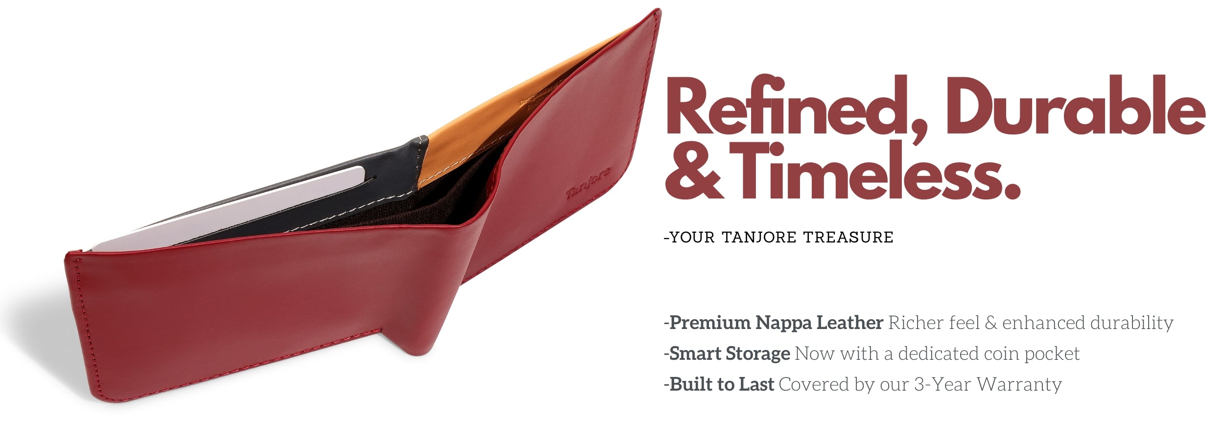 Promotional graphic for the Tanjore Modern Classic 2.0 wallet. Headline: "Refined, Durable & Timeless." Lists benefits: Premium Nappa Leather, Smart Storage with coin pocket, and 3-Year Warranty coverage.