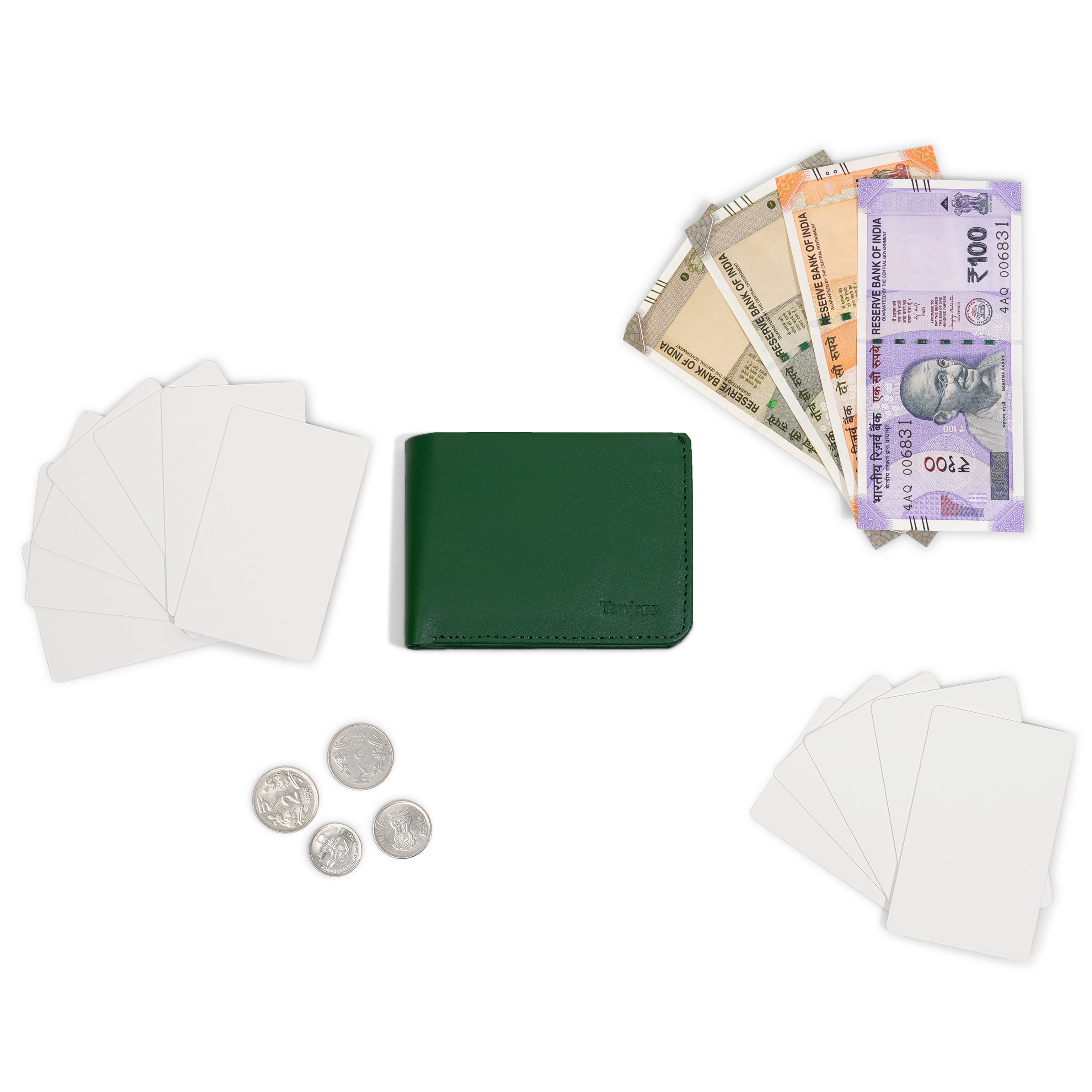 The Tanjore Modern Classic 2.0 in Green and Plum displayed with Indian currency. A spacious yet Slim Profile wallet with RFID security made from Full Grain Nappa Leather.