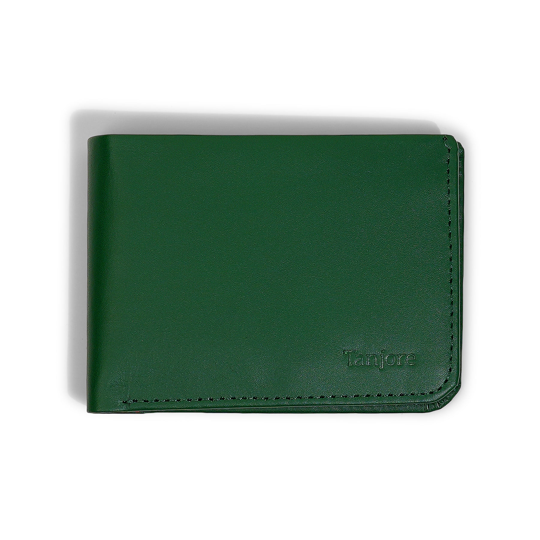 Front view of the Tanjore Modern Classic 2.0 in Green. A Slim Profile bifold wallet crafted from Full Grain Nappa Leather with RFID protection.