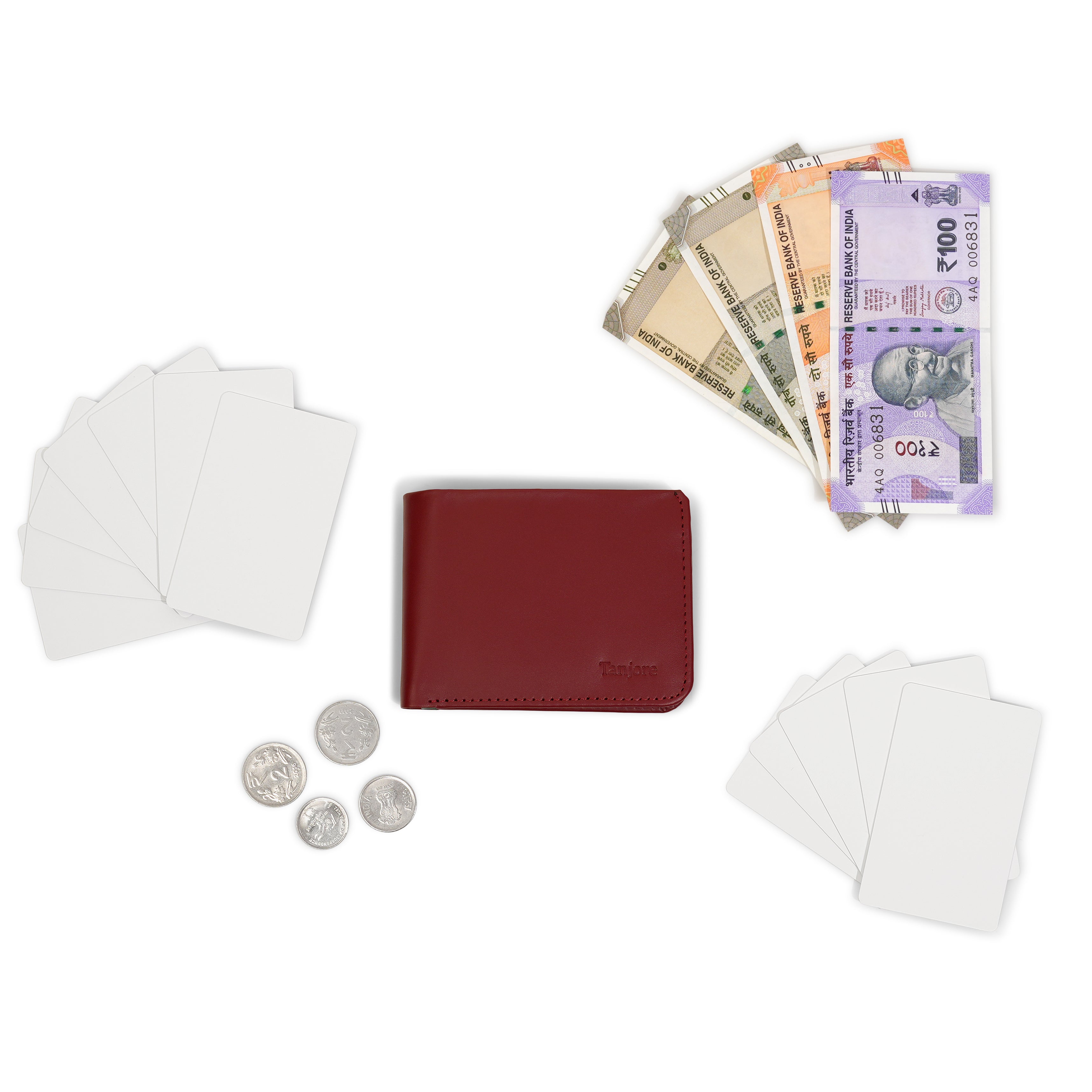 The Tanjore Modern Classic 2.0 displayed with Indian currency and cards. A spacious yet Slim Profile wallet with RFID security.