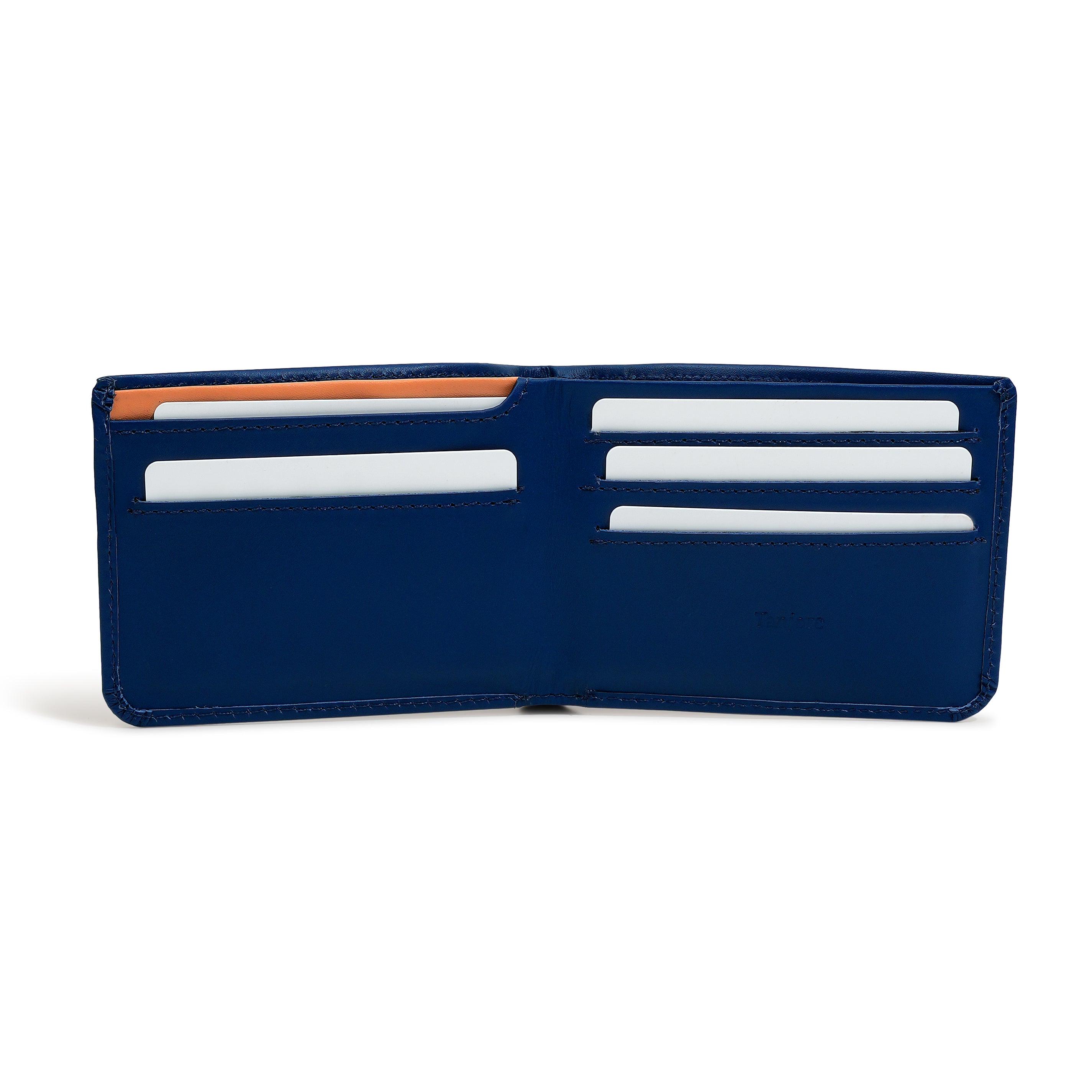 Interior open view of the Tanjore Modern Classic 2.0 wallet showing the matching Navy card slots. Features a Slim Profile and RFID blocking technology.
