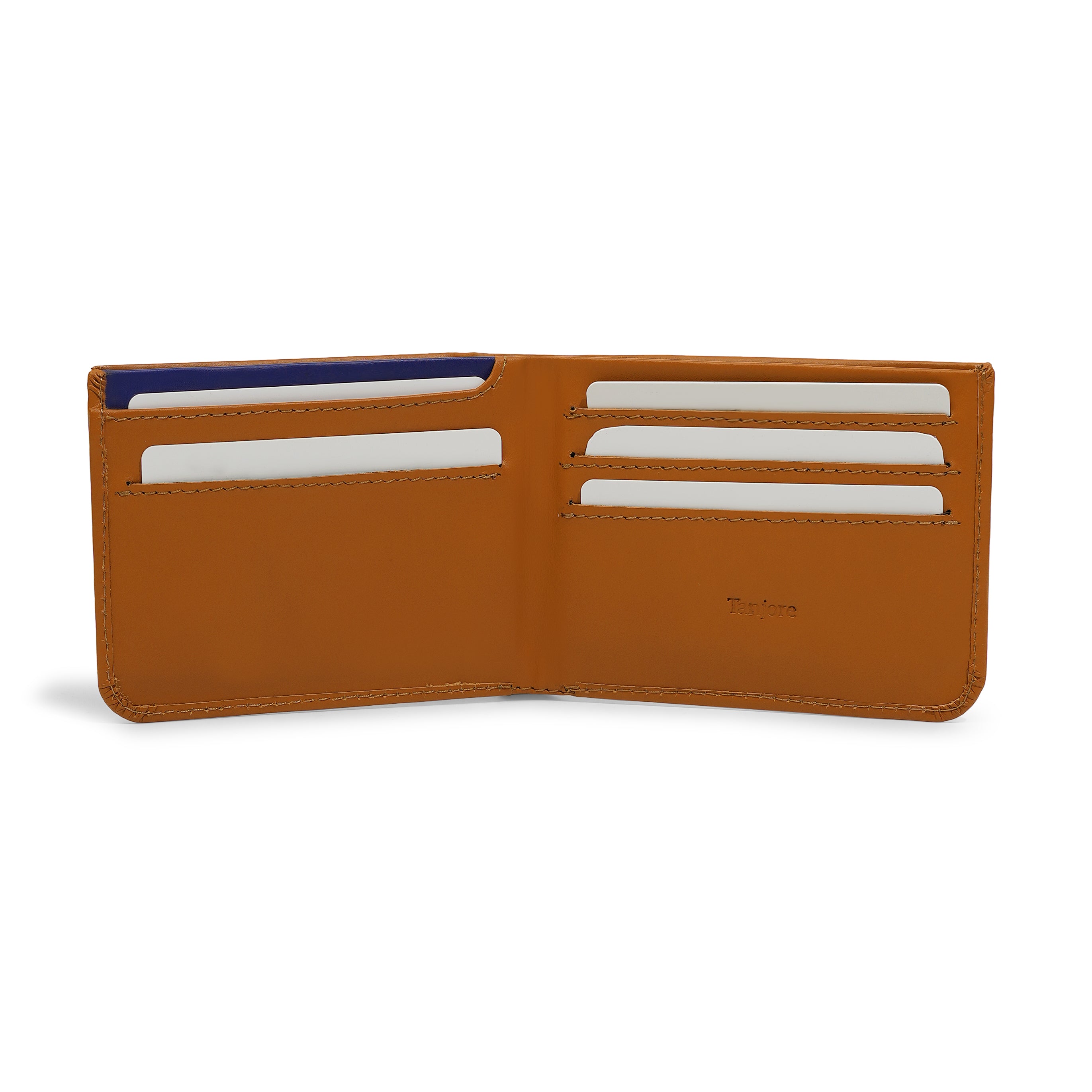 Interior open view of the Tanjore Modern Classic 2.0 wallet showing the matching Tan card slots. Features a Slim Profile and RFID blocking technology.