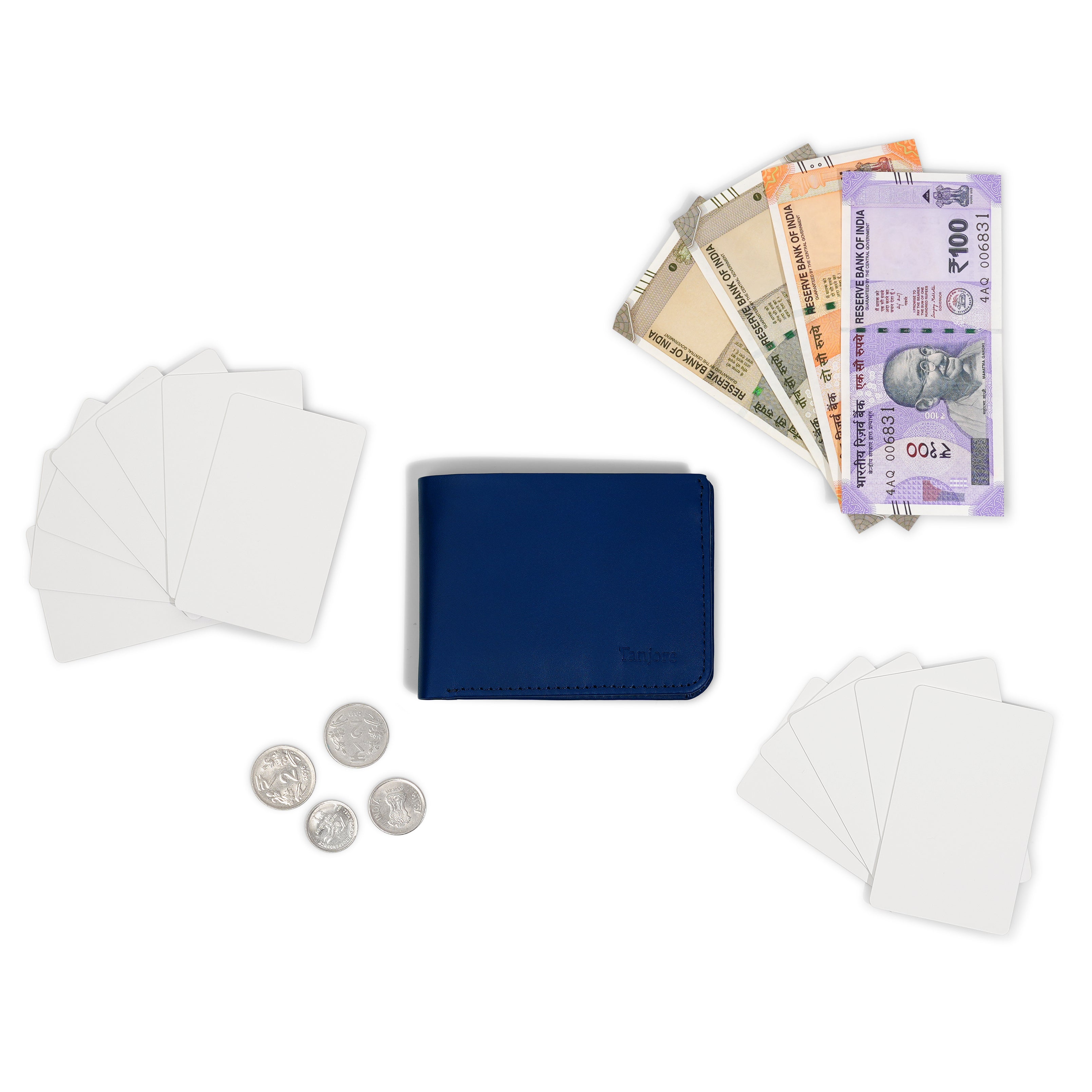The Tanjore Modern Classic 2.0 in Navy displayed with Indian currency and cards. A spacious yet Slim Profile wallet with RFID security made from Full Grain Nappa Leather.