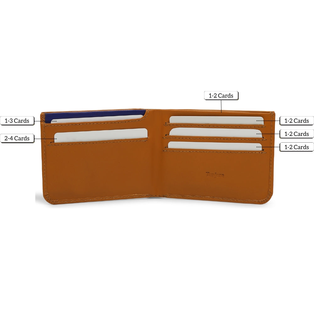 Infographic graphic showing the Tan Tanjore Modern Classic 2.0 bifold. Illustrates storage for "10+ Cards," "Cash," and "Coins," featuring RFID protection and a 3 year warranty.