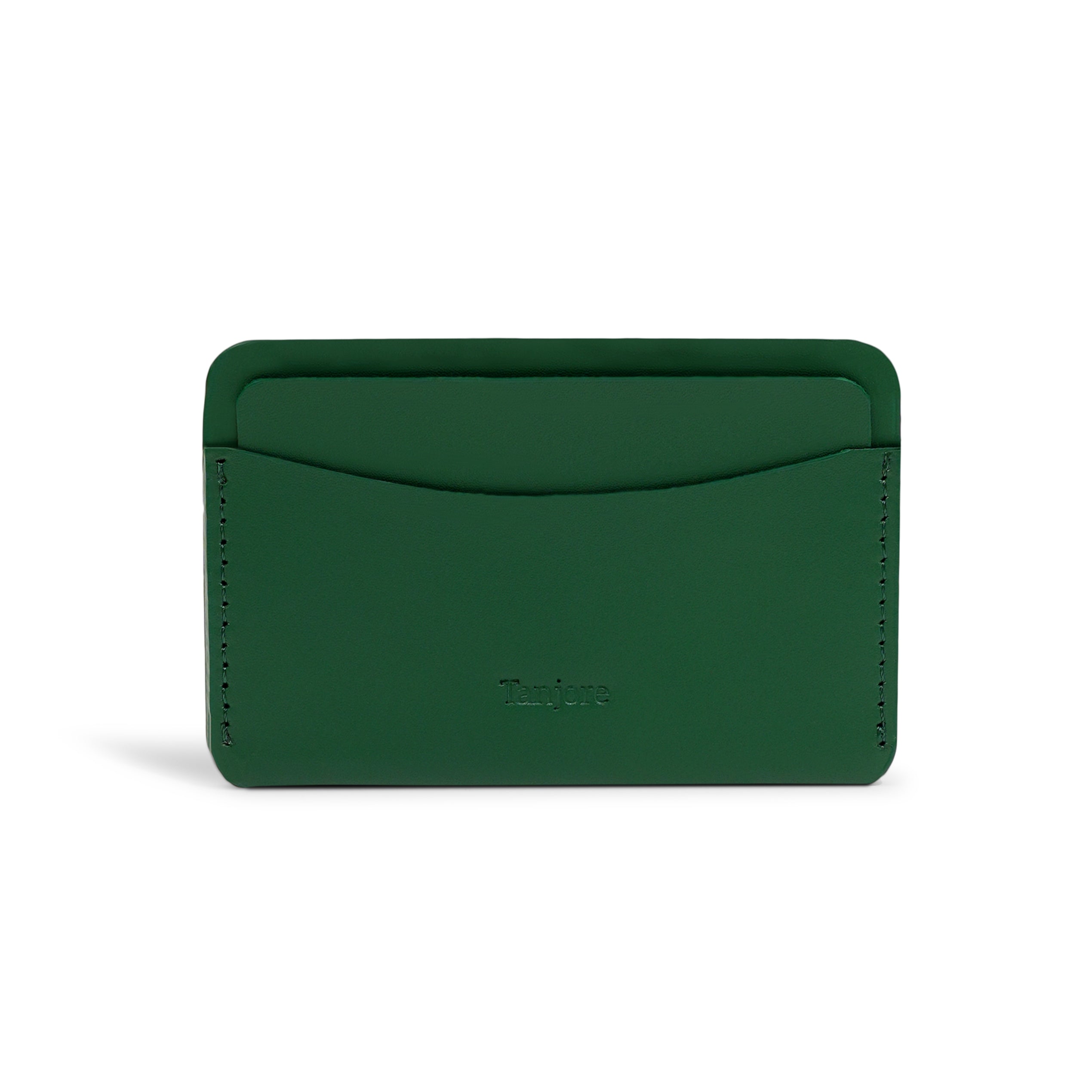 Front view of the minimalist Tanjore wallet in Olive Green. Crafted from premium Full Grain Nappa Leather with precision stitching and the embossed brand logo.