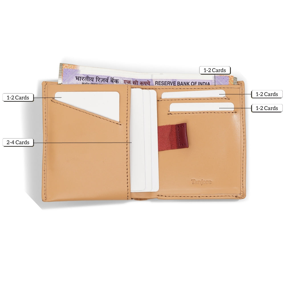 Storage capacity infographic for the Tanjore Reserve Sleeve in Clay. Shows cards and cash with text labels: "8+ Cards," "Cash," and "Coins." Features a Pull Tab and RFID protection in a Slim Profile.