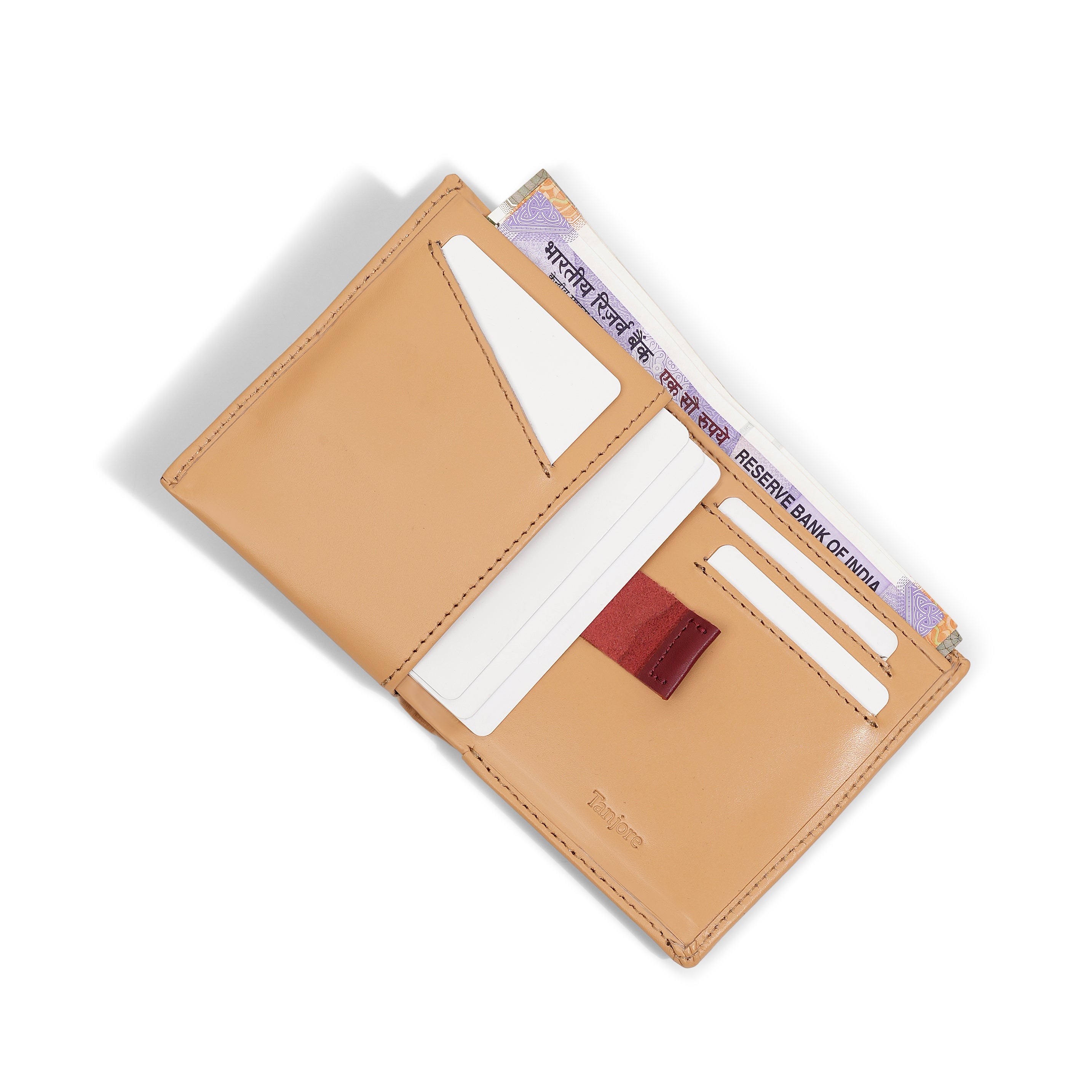 Interior open view of the Reserve Sleeve in Clay. Features a convenient Pull Tab for easy card access, RFID protection, and Full Grain Nappa Leather construction.