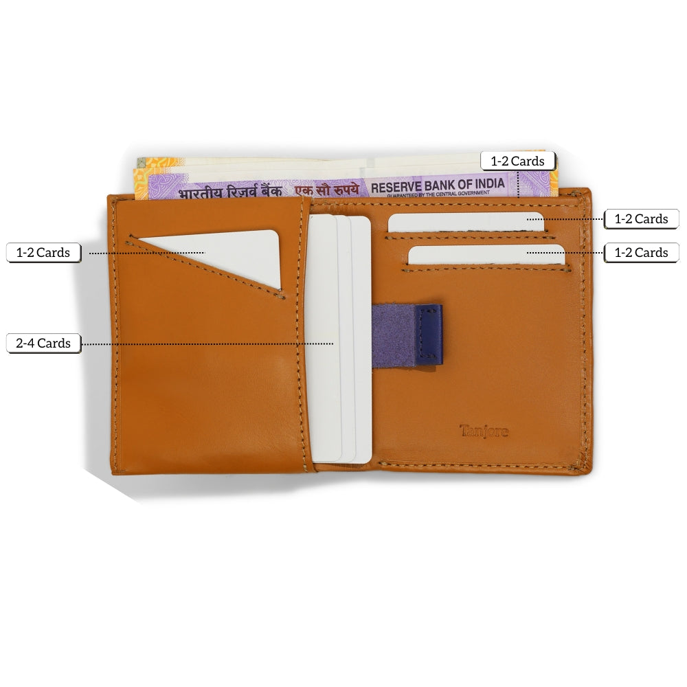 Graphic detailing the storage of the Tan Tanjore Reserve Sleeve. Shows "1-2 Cards" and "2-4 Cards" slots along with cash storage. Features a blue Pull Tab and RFID blocking.