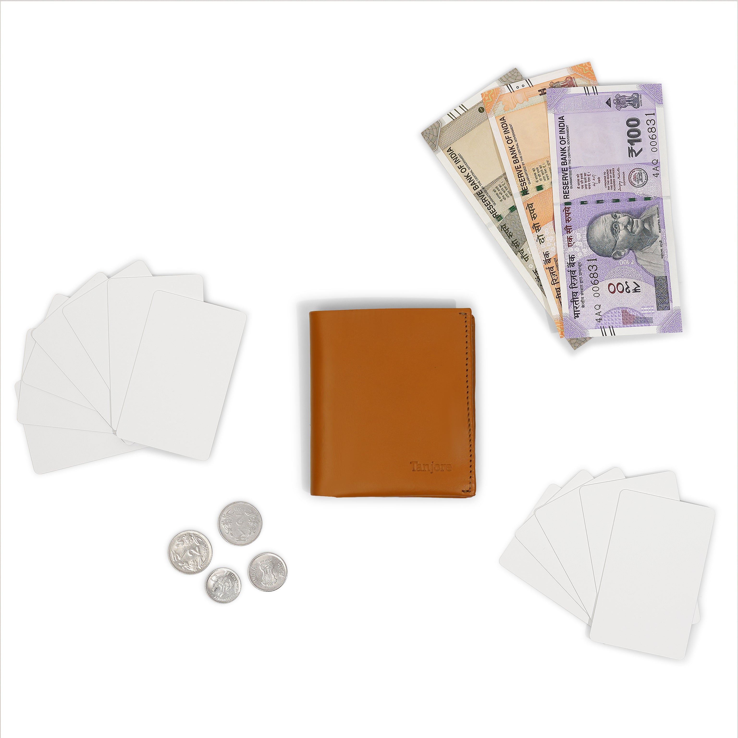 Flatlay of the Tanjore Reserve Sleeve in Tan displayed with Indian currency. A compact wallet with Pull Tab functionality and RFID security.